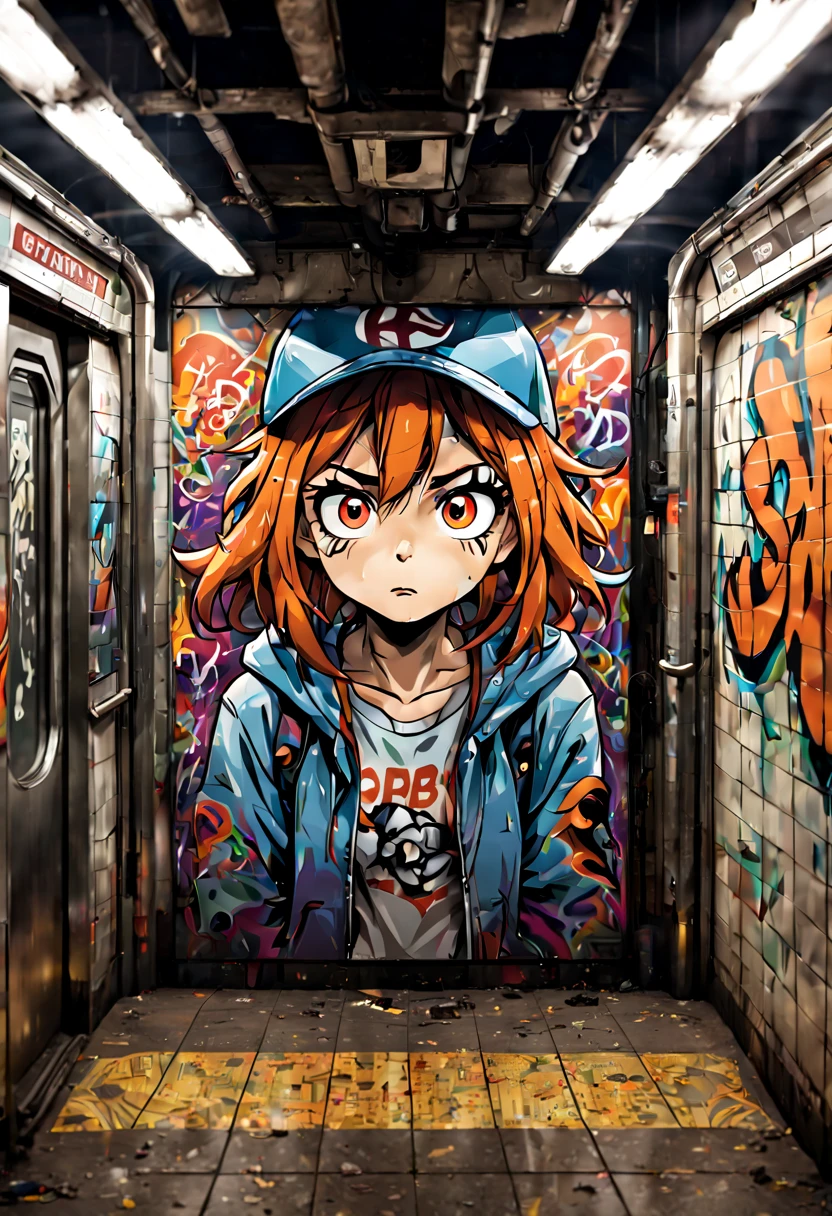 Gritty subway station with realistic graffiti art in the style of a graphic novel, intense expressions on characters' faces, underground atmosphere, Canon EOS R8, wide angle lens