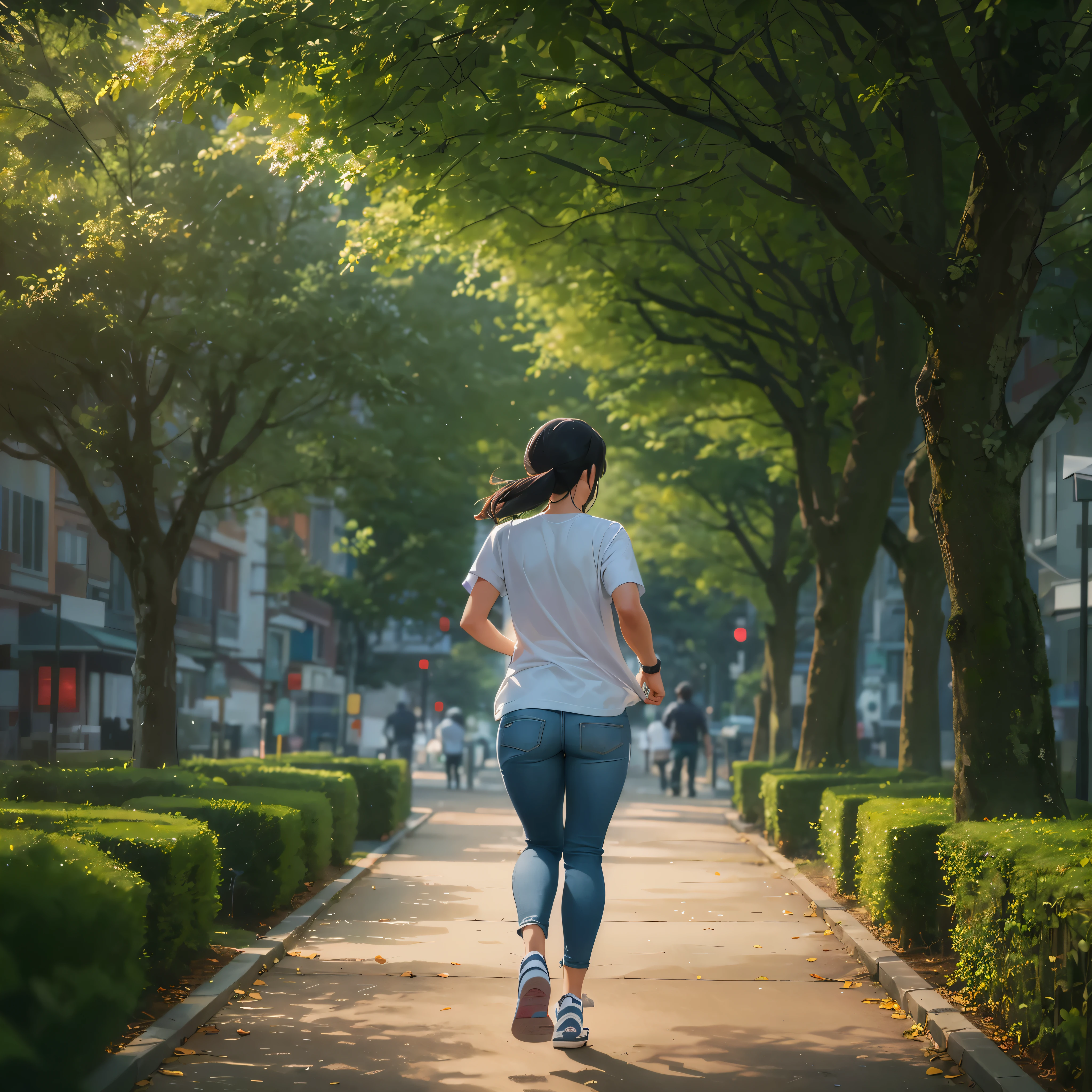 A casually dressed Asian woman wearing a white T-shirt and boyish jeans is running, She is in the city, cinematic lighting, ray tracing, Depth of the bounds written, vanishing point, atmospheric perspective, hasselblad, from behind, Hmm, retina, masterpiece, anatomically correct, Accurate, rough skin, Super detailed, high quality, 最high quality, High resolution, Awards, 16k, 8k