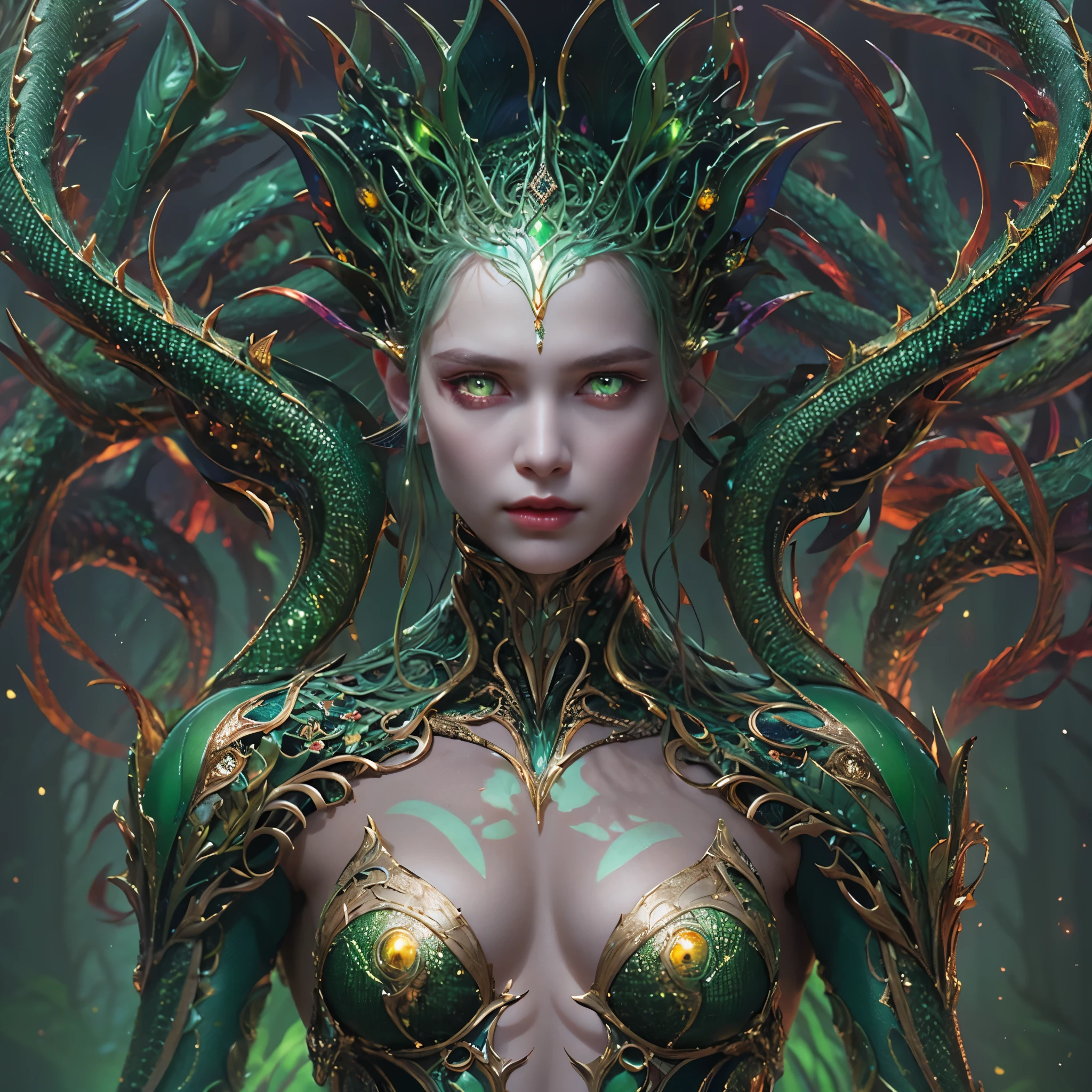 (1 female Alien: 1.2), With a beautiful, enchanting face, this alien seduces us with her allure. Her captivating red eyes gleam brightly, reminiscent of burning embers. Her full body is unlike any human's, boasting a sexy, otherworldly form. No humans are present in this scene as she stands alone, her cells fused in a unique and intriguing extraterrestrial way.
(extraordinary beautiful nude photo:1.4), (glowing green eyes:1.5), (sexy and glamorous:1.1), (coquettish expression:1.2), toned lean body, muscular, (beautiful abs:1.2), beautiful nipples, She has lots of iridescent translucent tentacles instead of her hair, pale skin, white skin with prominent veins,
Lots of iridescent translucent tentacles adorn her body, shimmering under the dramatic lighting. Her pale skin, with a hint of translucency, adds to her ethereal allure. This masterpiece, rendered in