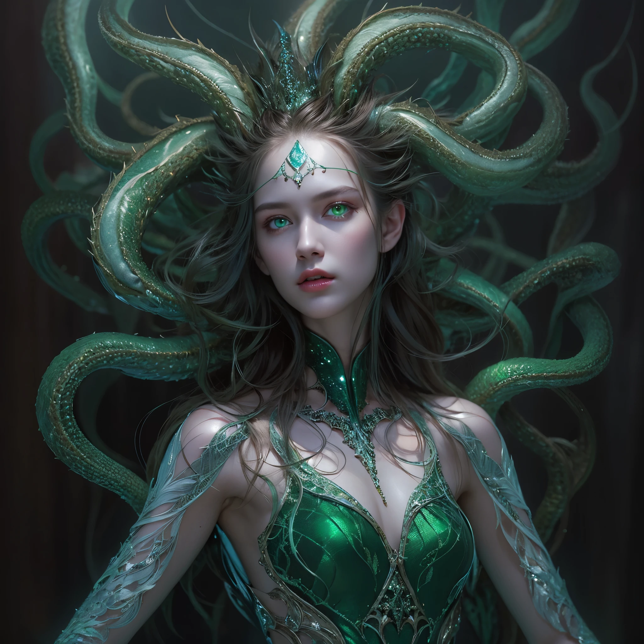 (1 female Alien: 1.2), With a beautiful, enchanting face, this alien seduces us with her allure. Her captivating red eyes gleam brightly, reminiscent of burning embers. Her full body is unlike any human's, boasting a sexy, otherworldly form. No humans are present in this scene as she stands alone, her cells fused in a unique and intriguing extraterrestrial way.
(extraordinary beautiful nude photo:1.4), (glowing green eyes:1.5), (sexy and glamorous:1.1), (coquettish expression:1.2), toned lean body, muscular, (beautiful abs:1.2), beautiful nipples,  She has lots of iridescent translucent tentacles instead of her hair, pale skin, white skin with prominent veins,
Lots of iridescent translucent tentacles adorn her body, shimmering under the dramatic lighting. Her pale skin, with a hint of translucency, adds to her ethereal allure. This masterpiece, rendered in 