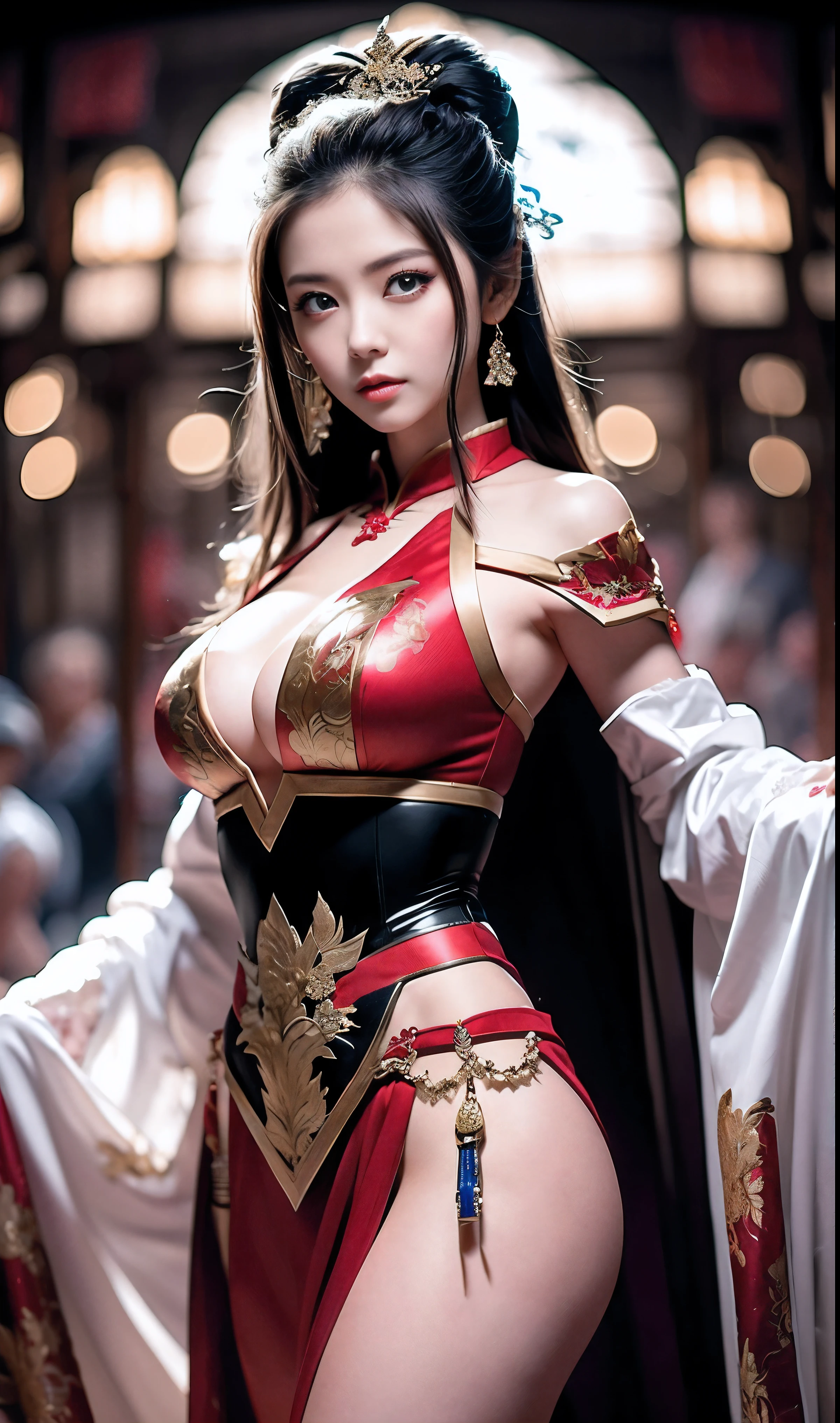 Highest quality、Masterpiece、high resolution、Wuxi 1 girl、Cheongsam gold、((Very beautiful face))、Beautiful until the eyes can see、I&#39;Iสวยมาก.、Breast cleavage、revealing breast、big tits, sexy cleavage、The chest is very detailed..、