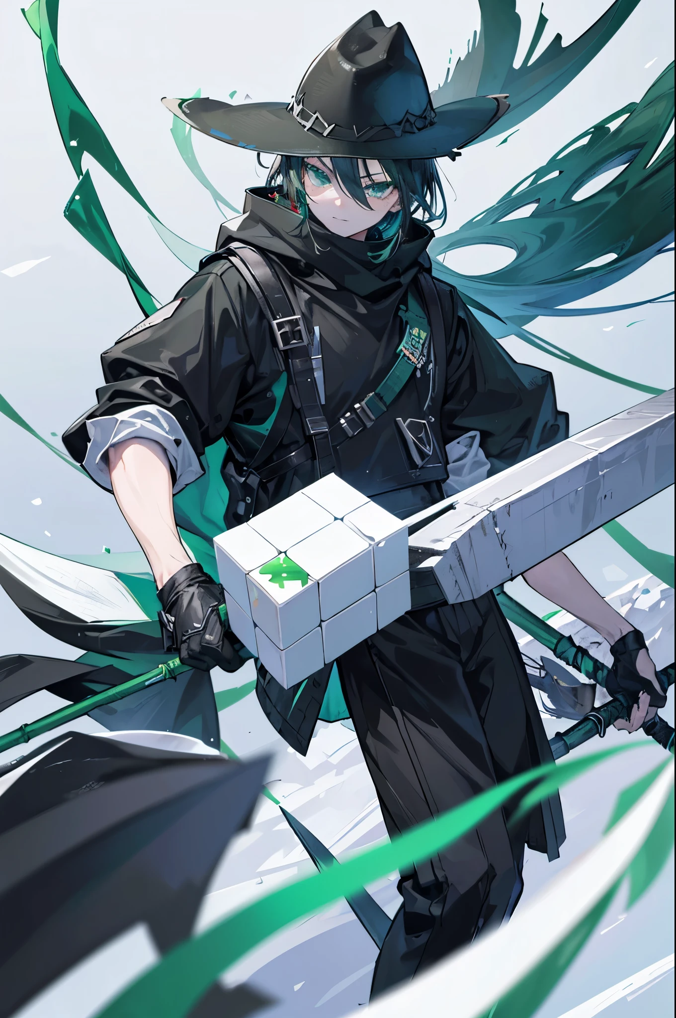 juvenile,wearing black mask,green bamboo hat,warrior,A huge scythe of ice and snow,Flying white Rubik's Cube,,4k,Epic