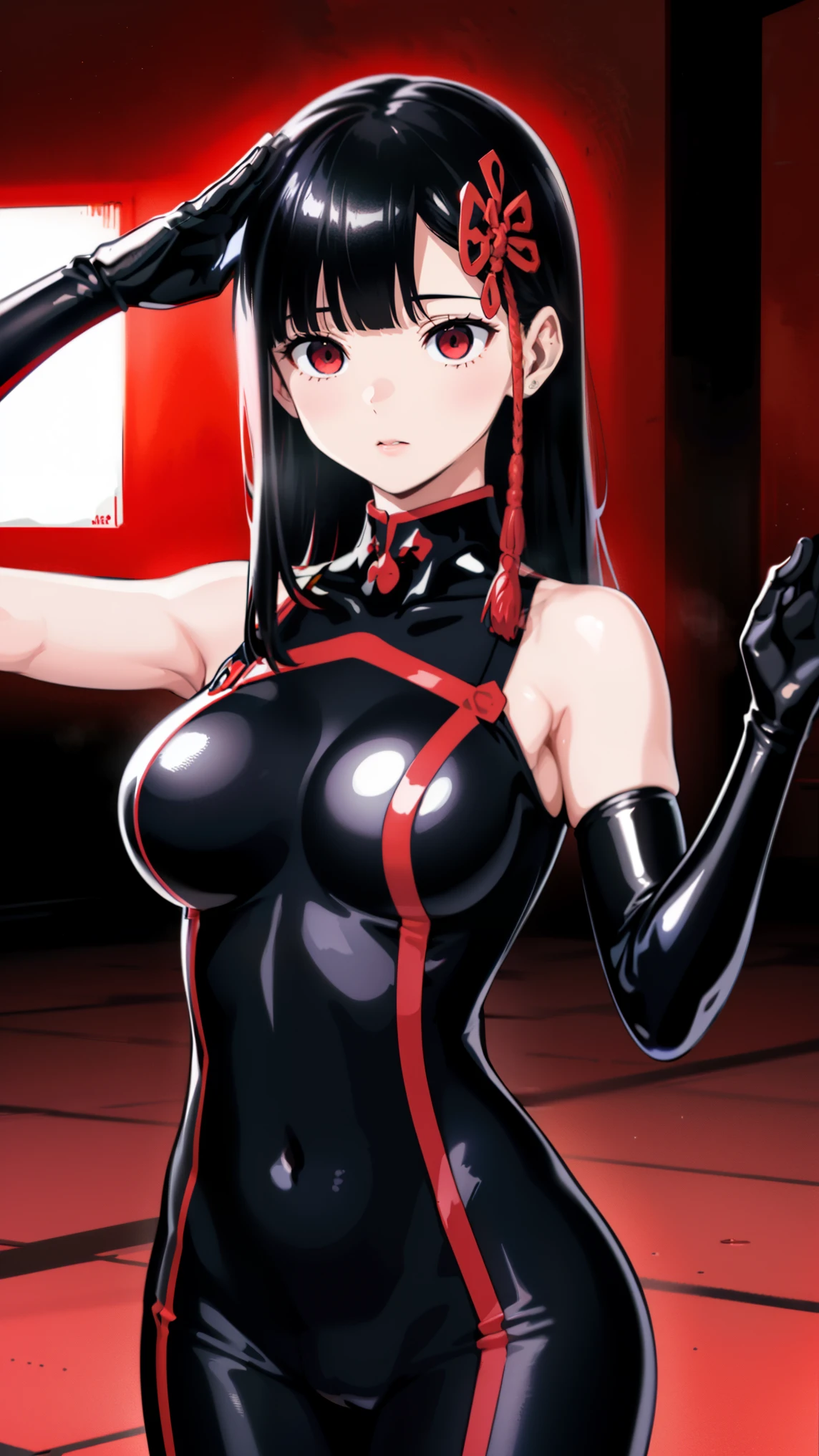 1 girl, NSFW, Yamashiroren,(Mato Seihei no Slave),yamashiro768, clavicle, glowing red eyes,absurd, brainwashing,empty eyes,  huge breasts,erasure of emotions, No expression,(black latex tight bodysuit),look away , 全身figure, ((stand up,salute,)),(highest quality、4k、8k、High resolution、must have:1.2)、Super detailed、(reality、realisticです、realistic:1.37)、ticker、hyper hd、studio lighting、ultra definition paint、sharp focus、Physically based rendering、extreme details、Professional specifications、vibrancy and color、blurry、sports portrait、landscape、horror style、anime big breasts、SF、photograph、concept artist、five fingers, perfect body,  {{{masterpiece}}}, {{{highest quality}}}, {{super detailed}}, {figure}, {{very delicate and beautiful}},Promoting cost performance、all roles、Canon 5D MK4でphotograph、photograph, 