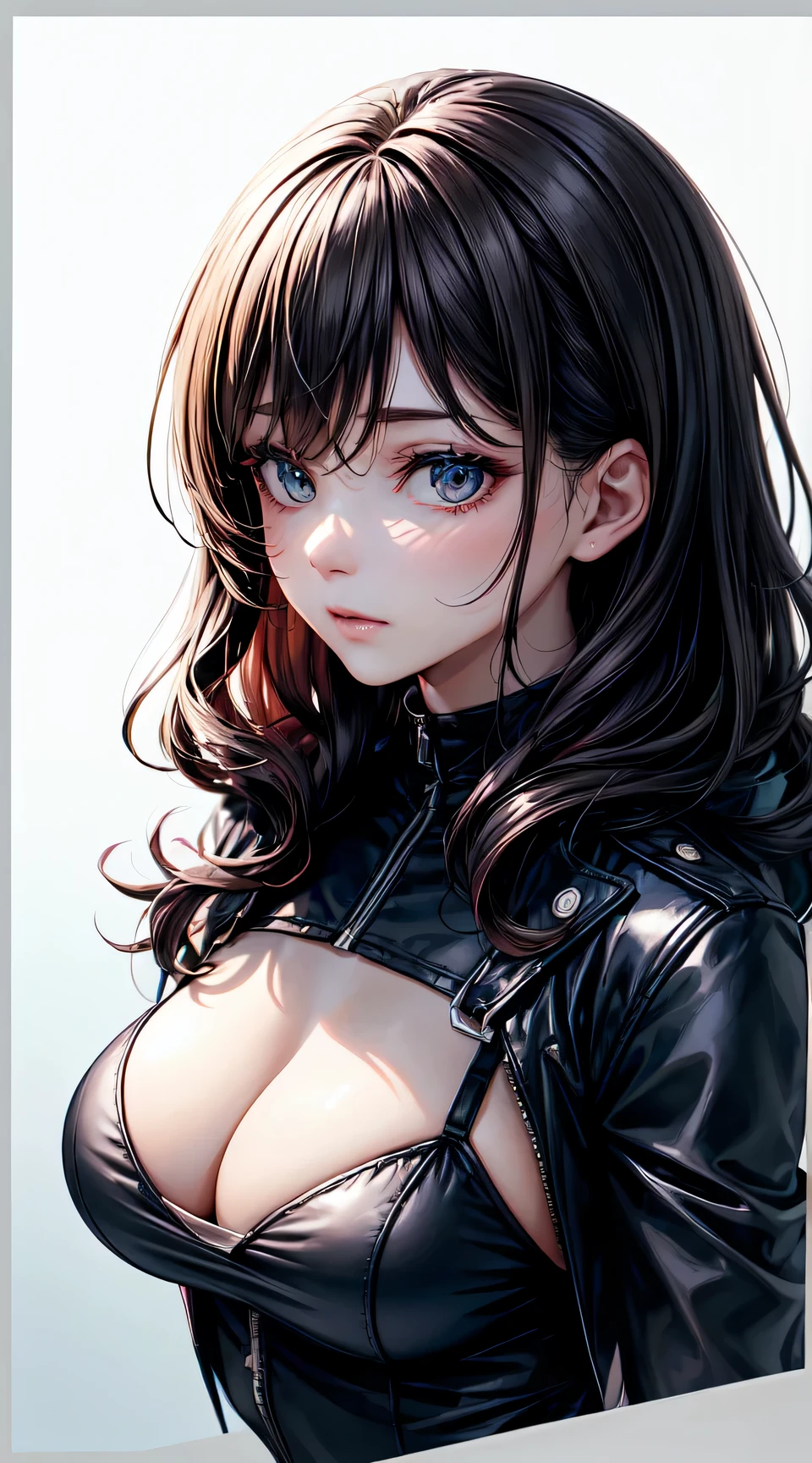 (best quality:1.5, highres, UHD, 4K, detailed lighting, shaders), black wavy hair, large breasts , woman jacket, long coat, (pov), Portrait, white background