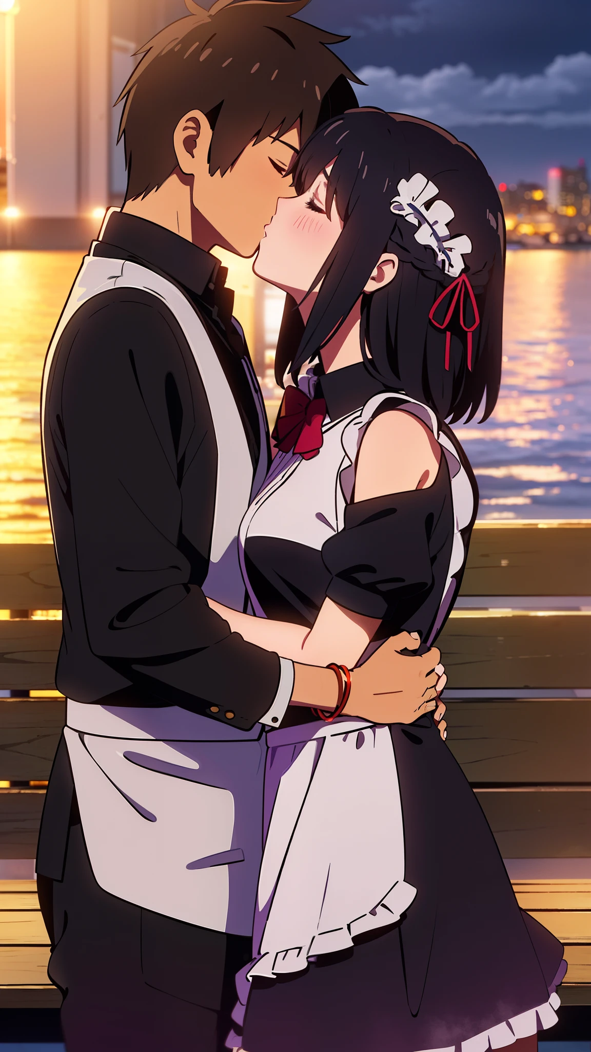 shinkai makoto, kimi no na wa., 1girl, 1boy, bangs, black hair, blush, (boy wear Suspender Clothes), ((girl wear maid dress, short dress, Off-the-shoulderaid, apron, maid headdress), bow, ribbon, short hair, cute, love, couple, adorable, dating, (((kiss, deep kiss))), closed eyes, bracelet, passionate hug, upper body, night, nightcity, park, lake, cloudy, sitting on the bench, dynamic lights