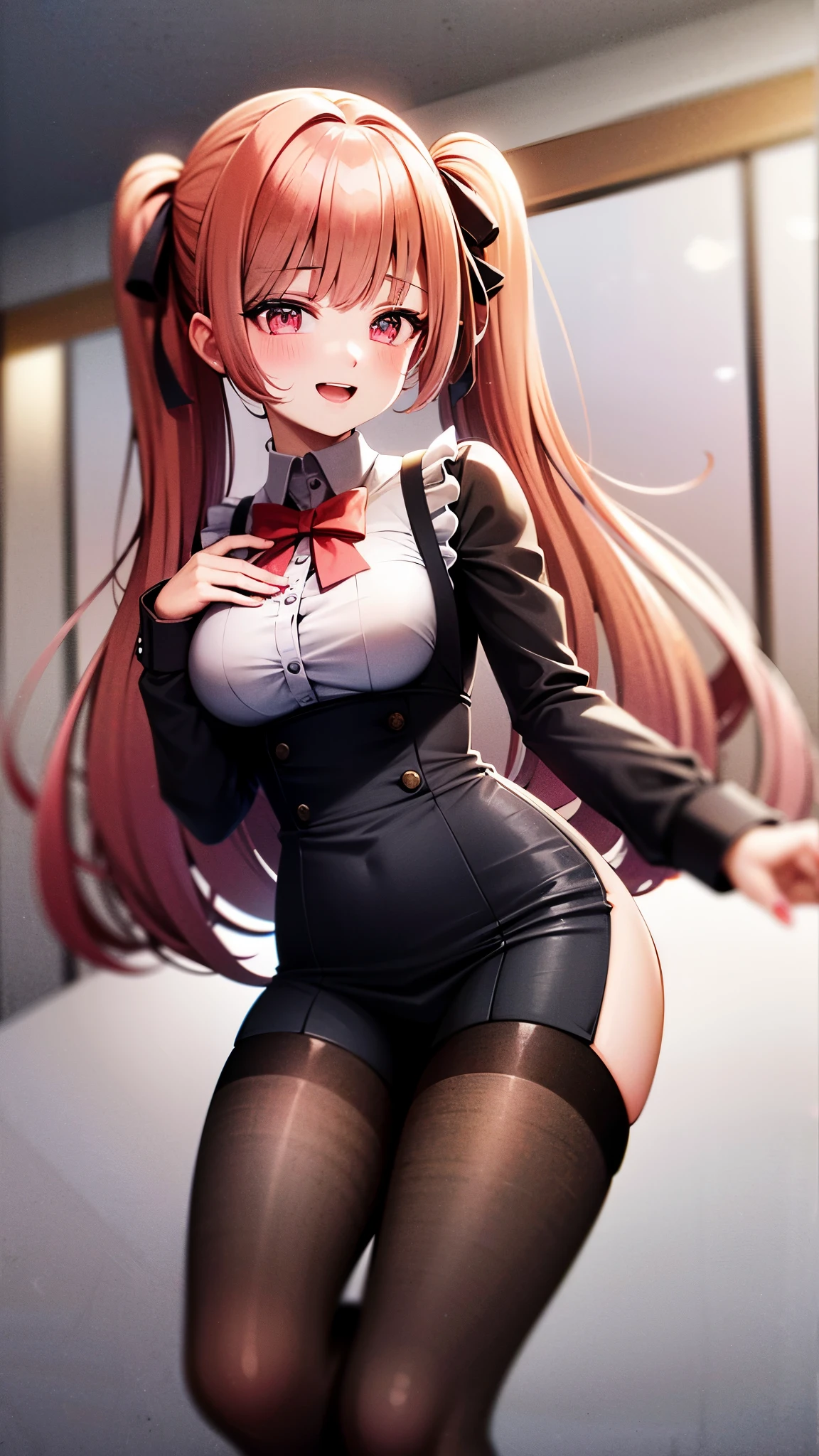 ((absurdres, highres, ultra detailed, high resolution, masterpiece, best quality, very fine 8KCG wallpapers)), 1 girl, solo, :D, ahogee, bangs, blush, pink long hair, eyebrows visible through hair, twin tail, long sleeves, looking at viewer, medium breasts, open mouth, pink nails, pink theme, red bow, smile, twin drills, waitress