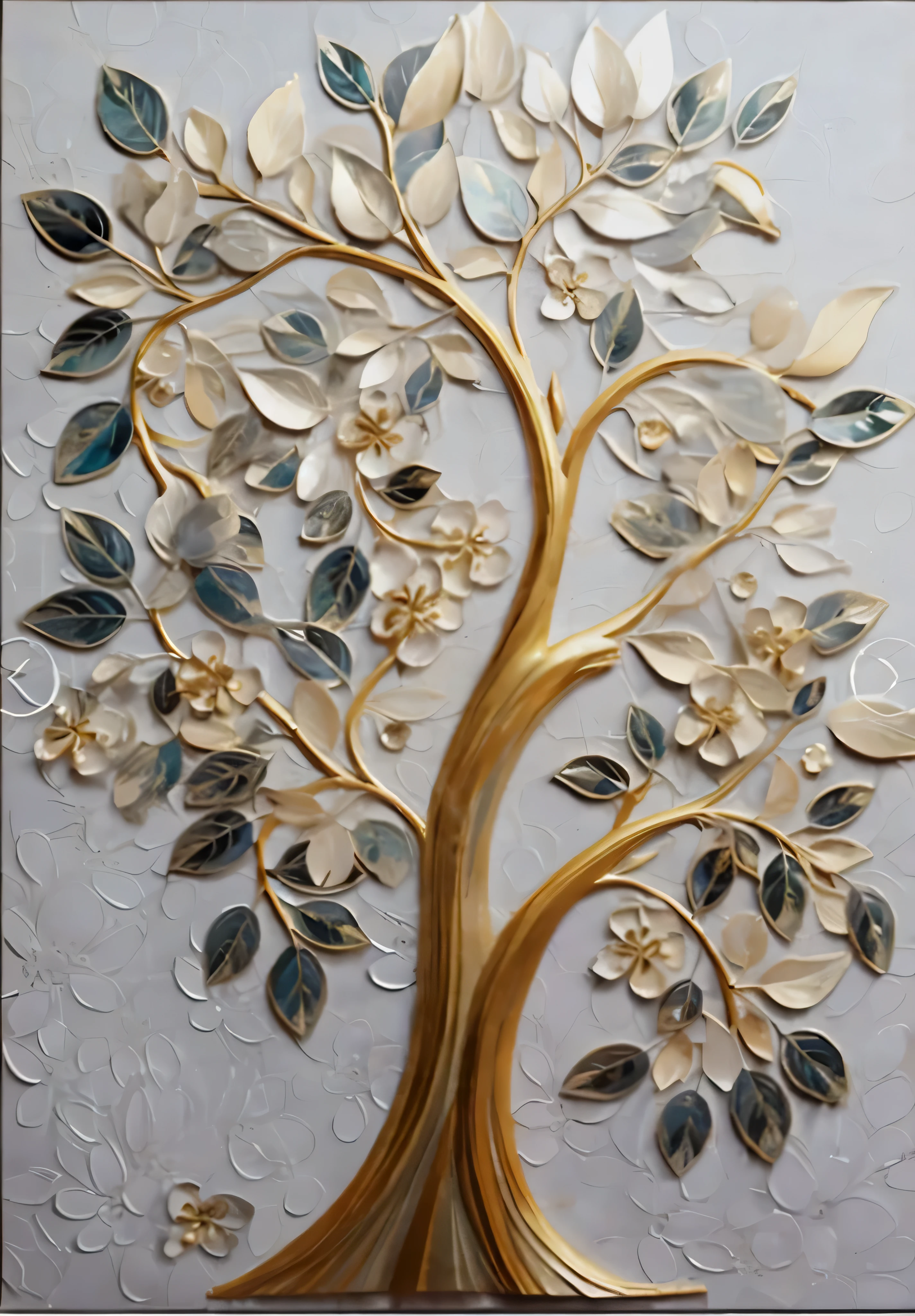 a close-up of a tree with leaves and flowers on a white background, ink-to-oil impasto reliefs, pintura em folha de ouro, tree of Life, arte em folha de ouro, toque de folha de ouro, quilling de papel, unique and complex painting, massa detalhada, complex organic painting, ink-to-oil impasto relief, the tree of Life, toques de folha de ouro
