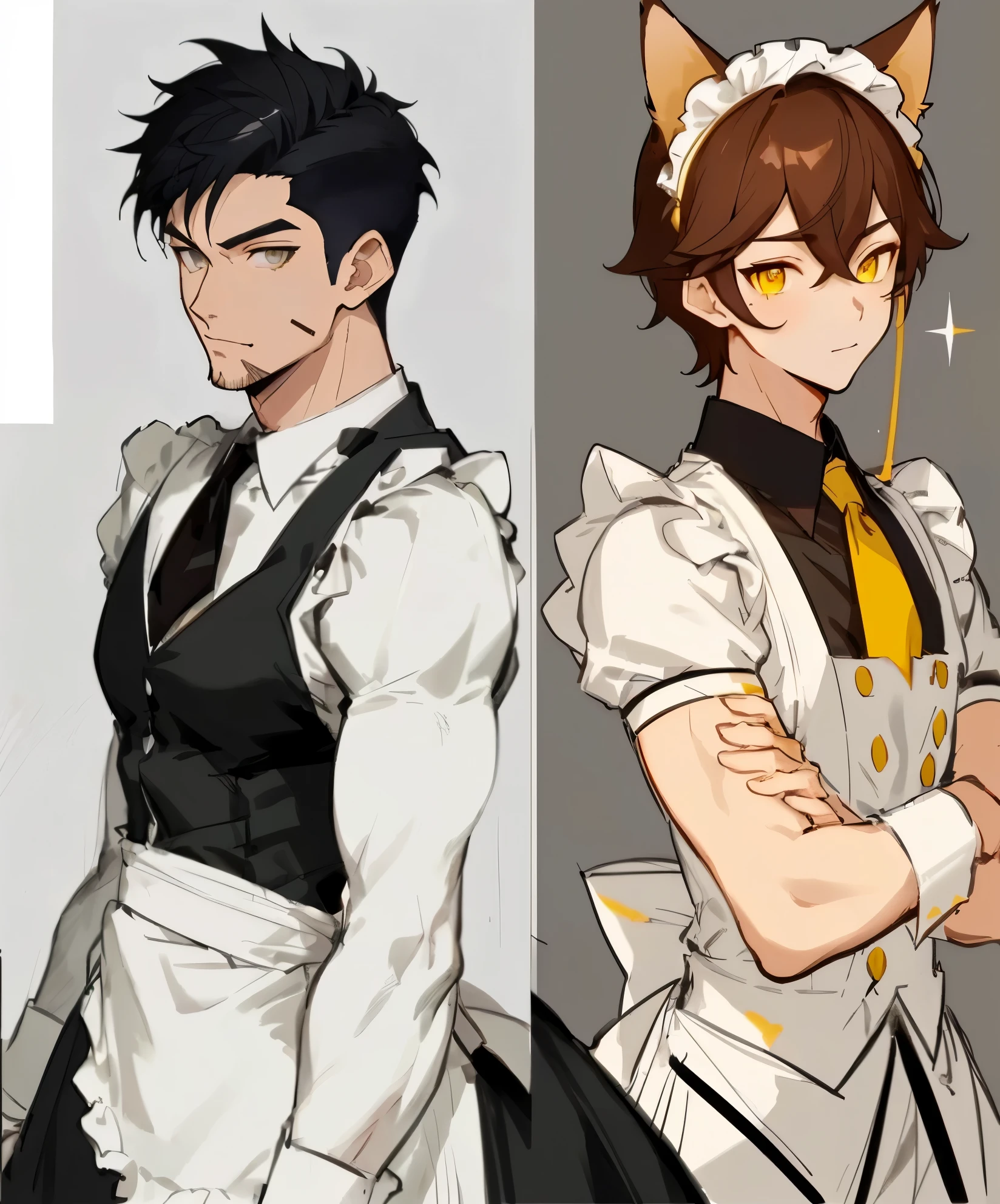 a drawing of a man in ((french maid dress)), concept upperbody art, ((brown hair)), ((yellow eyes)), cat ears, male character design, trigger anime artstyle, detailed character portrait, rossdraws, anime style character, detailed character art, human male character art, rossdraws 2.0, ryan glitter concept artist