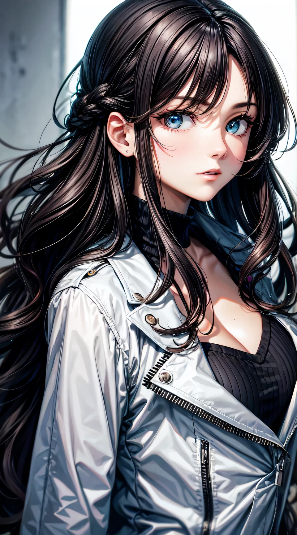 Anime girl with long hair and blue eyes in a silver jacket - SeaArt AI