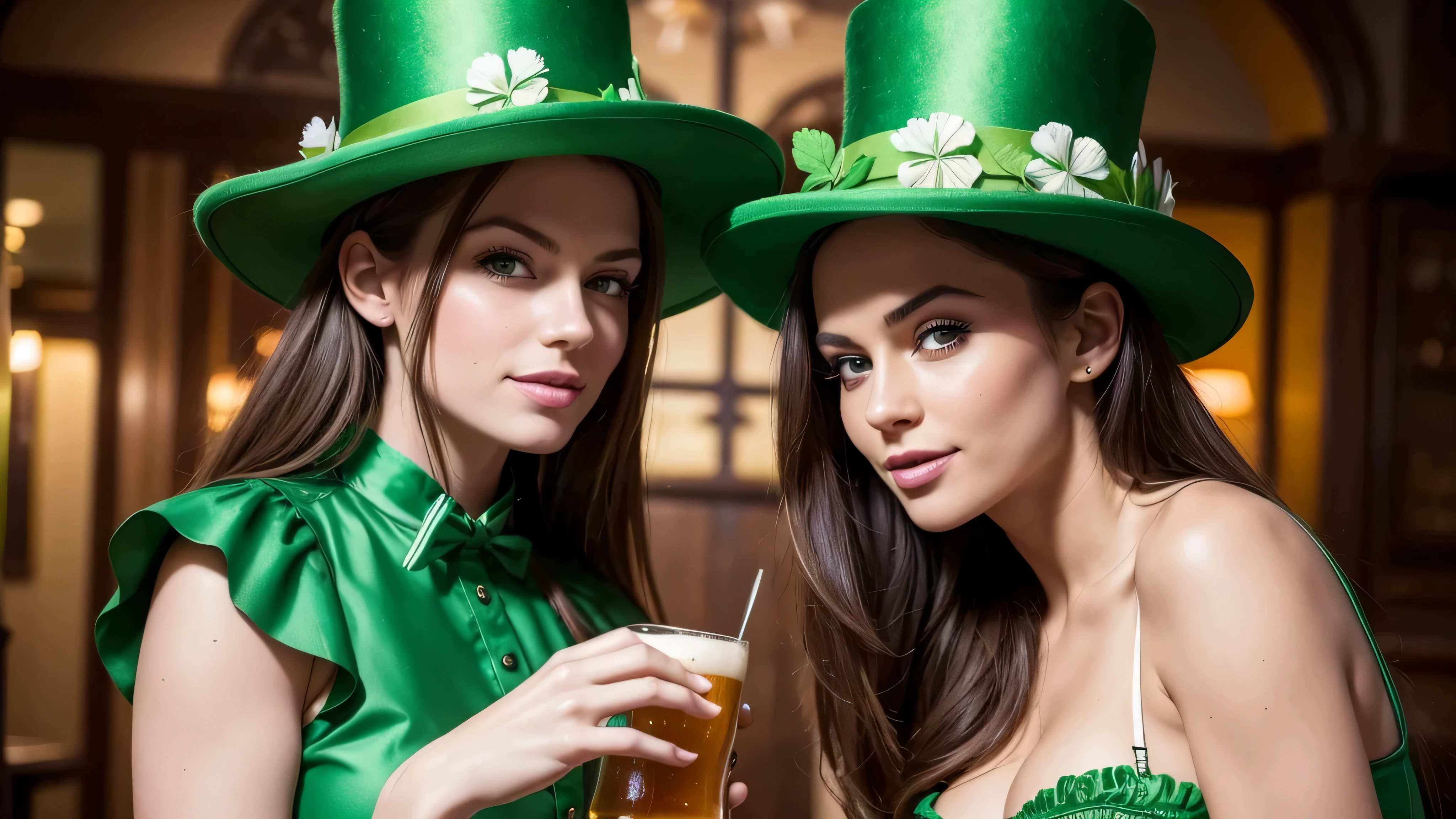 Uma cena festiva, (melhor qualidade, high resolution, fotorrealista), cores vibrantes, (retrato, evento:1.2), tema verde, Atmosfera alegre, happy irish music, Santo. Patrick's Day. Lindas garotas sorrindo, (um diferente do outro) Olhos perfeitos, em cartolas verdes com trevos de quatro folhas, cerveja.