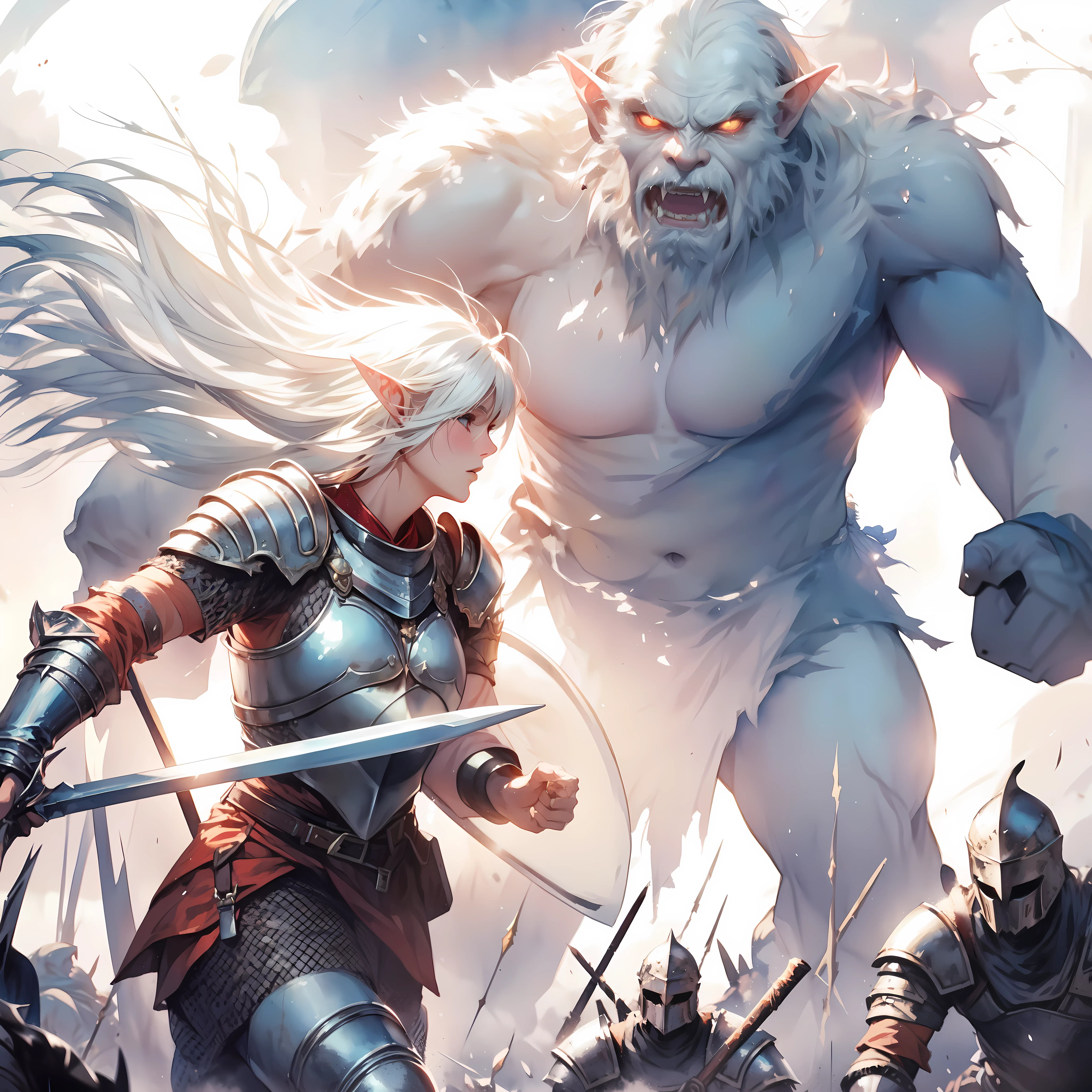 path an medium white haired (elf) female knight against giants ogre, A warrior hailing from a distant land far from the comforts of civilization, cinematic dynamic Angle, Hayao Miyazaki, Mikimoto Haruhiko, frank frazetta, Cinematic Dramatic atmosphere, fantasy, 8k, watercolor painting