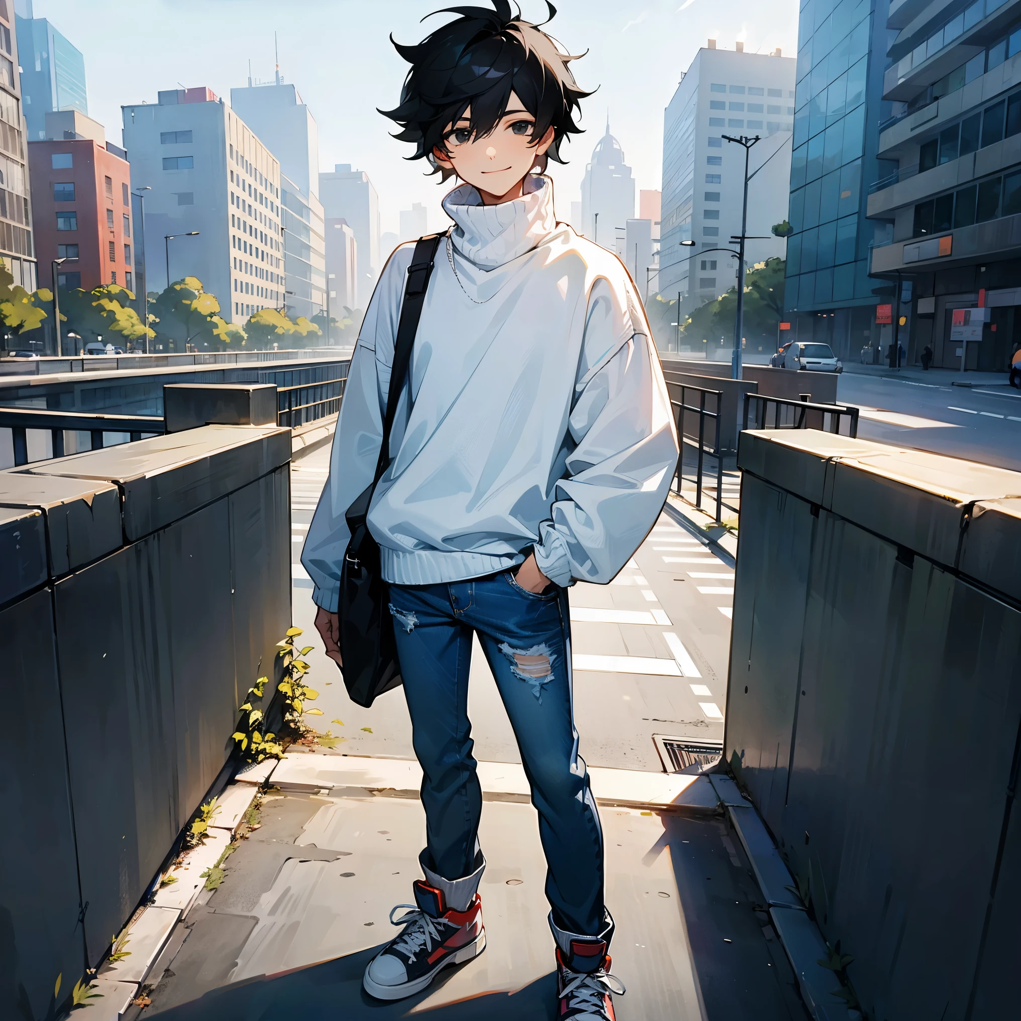 1male, Jeans , Sneakers , Baggy White Turtleneck Sweater,Modern City Background, Black Hair , Smiling Expression , Black Eyes, Messy Hair , Standing on sidewalk