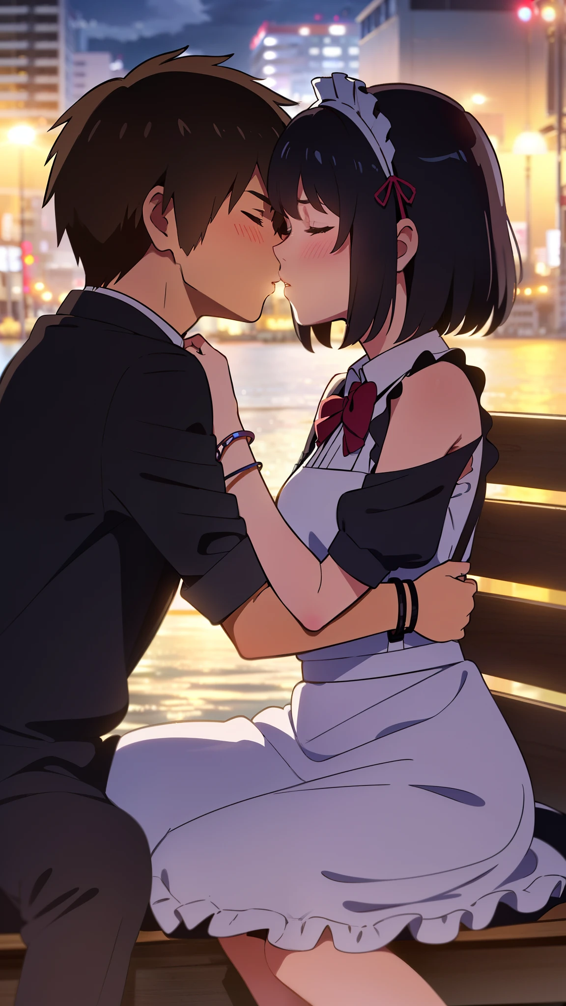 shinkai makoto, kimi no na wa., 1girl, 1boy, bangs, black hair, blush, (boy wear Suspender Clothes), ((girl wear maid dress, short dress, Off-the-shoulderaid, apron, maid headdress), bow, ribbon, short hair, cute, love, couple, adorable, dating, (((kiss, deep kiss))), closed eyes, bracelet, passionate hug, upper body, night, nightcity, park, lake, cloudy, sitting on the bench, dynamic lights