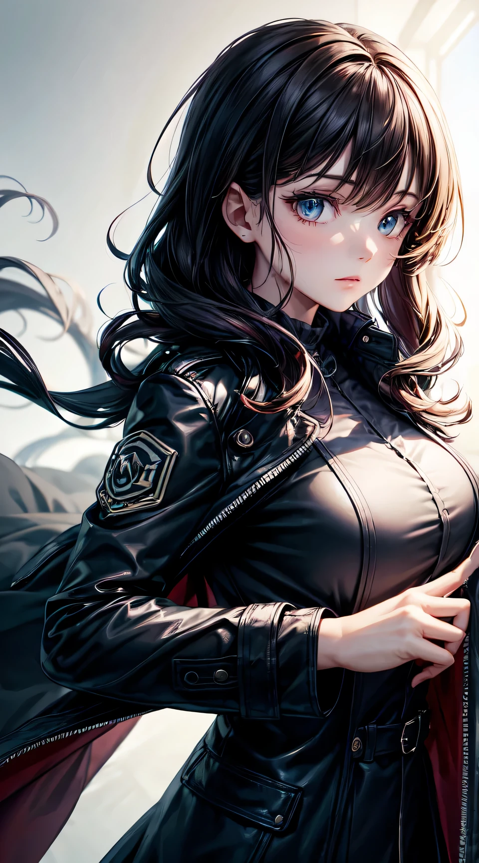 Highest quality, 8k, 4K, High resolution, High Contrast, The upper body is visible,1girl,only,Dark brown hair,Straight Long Hair,(Beautifully detailed face),A look of frustration,Blue, clear eyes,Upper Eye,She has big breasts,20generation,business suit,Working,money