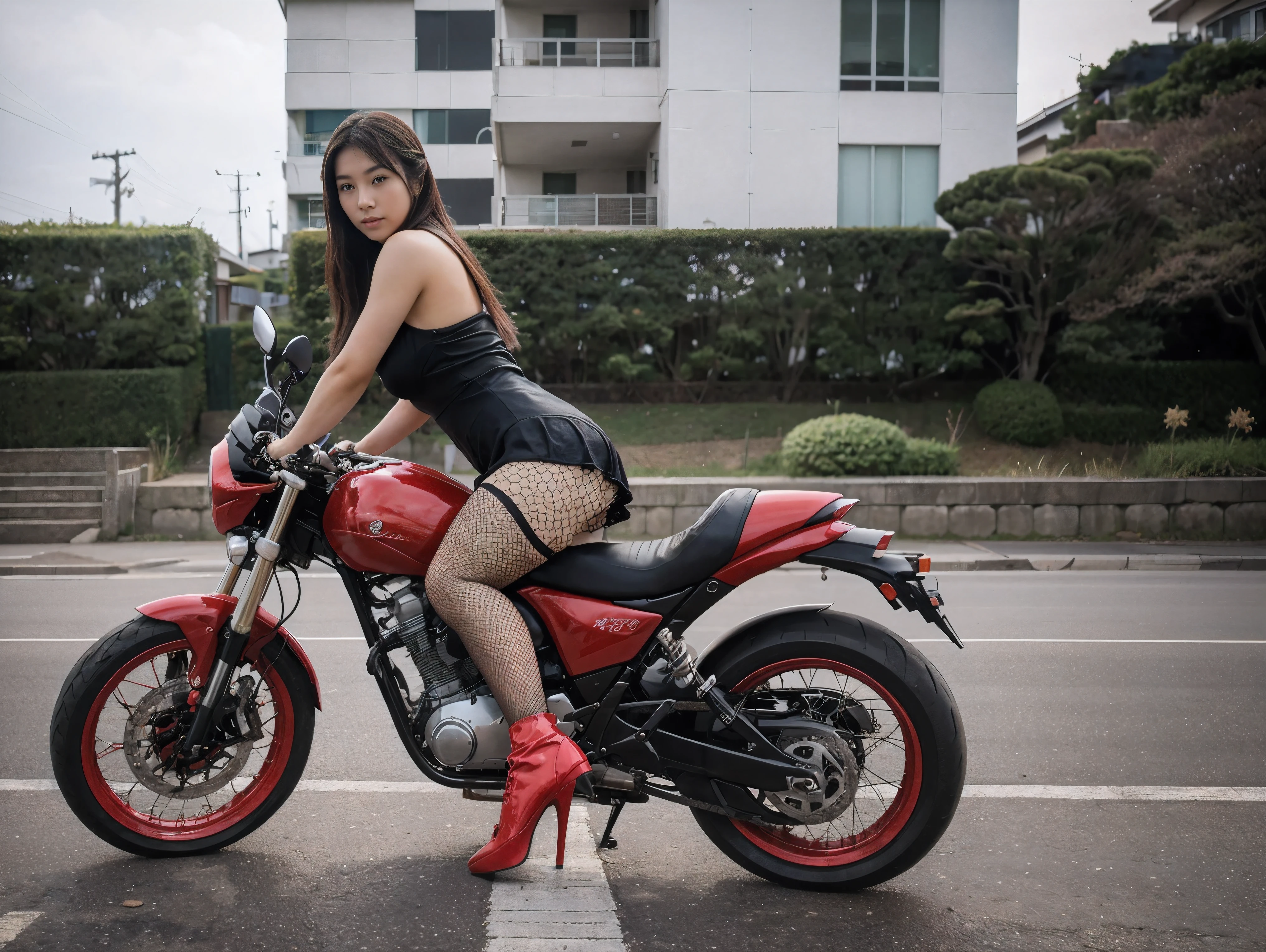 18 year old Japanese guy in see-through outfit, big breasts:1.85, long fishnet stockings, Riding on the back of a motorcycle , Put on red high heels, Full face shot, on the road, See the sea view from the side in Japan. The photo is in the center of the frame..