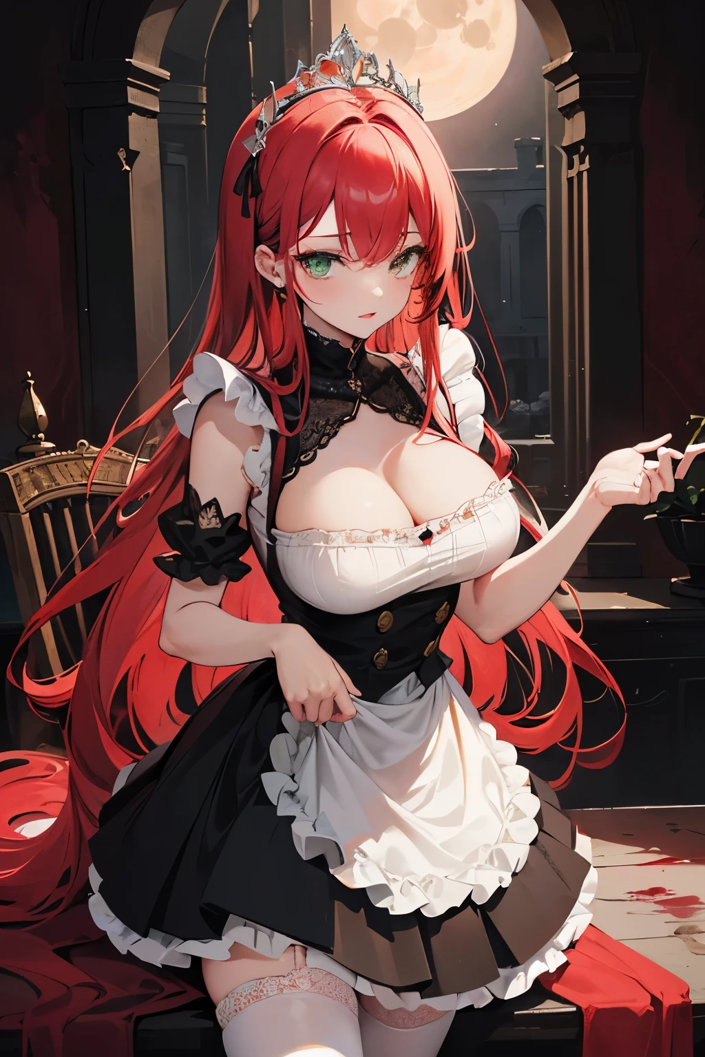 Masterpiece, best quality, finely detailed, high resolution, extremely delicate and beautiful, (a woman), (with vibrant red hair, mesmerizing green eyes, red lips, slim waist, and voluptuous breasts and hips), (dressed as a French maid with a white tiara, black dress, white apron, black and white pleated skirt, white thigh-high stockings, and black sandals), (in an ancient castle, with a dark atmosphere, cobwebs, and a blood-red full moon)
