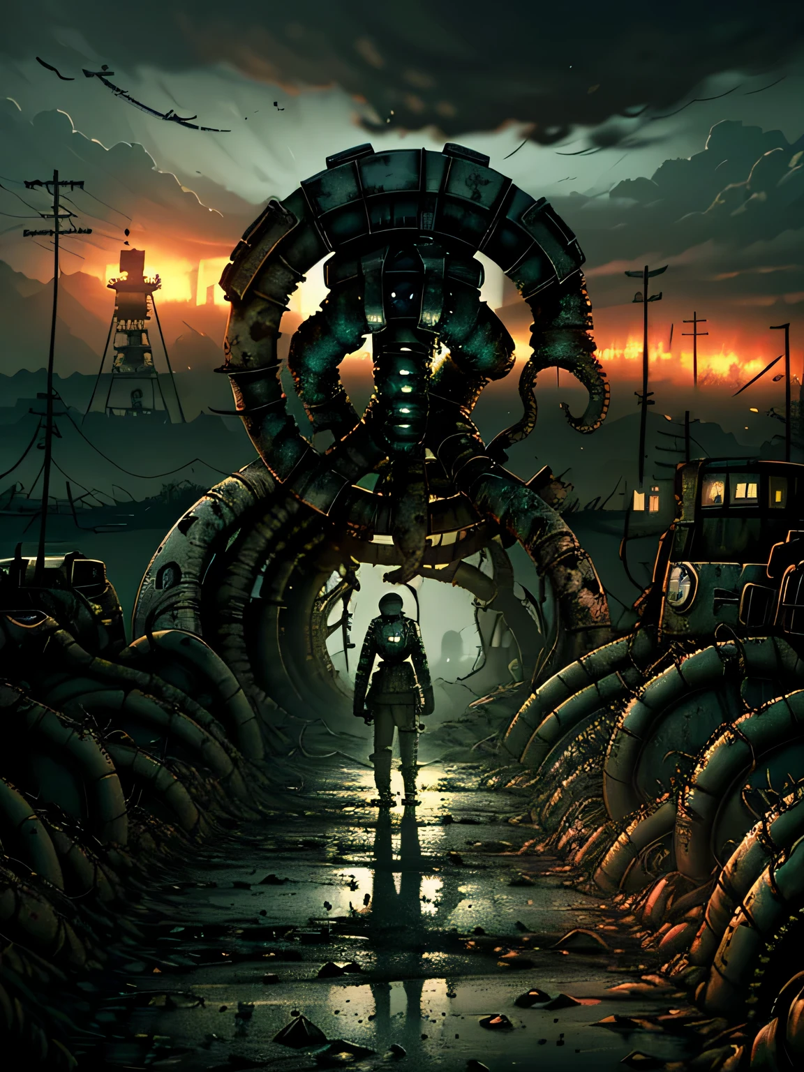 (((Fallout 4 game style))), ((Biopunk art of dark tentacles)), Biopunk girl, metal cassock, hopeless art, dark art, dystopian art, ((dark biopunk)), dark oily liquids, devastated environment, Gloomy landscapes, highly detailed art, very detailed background