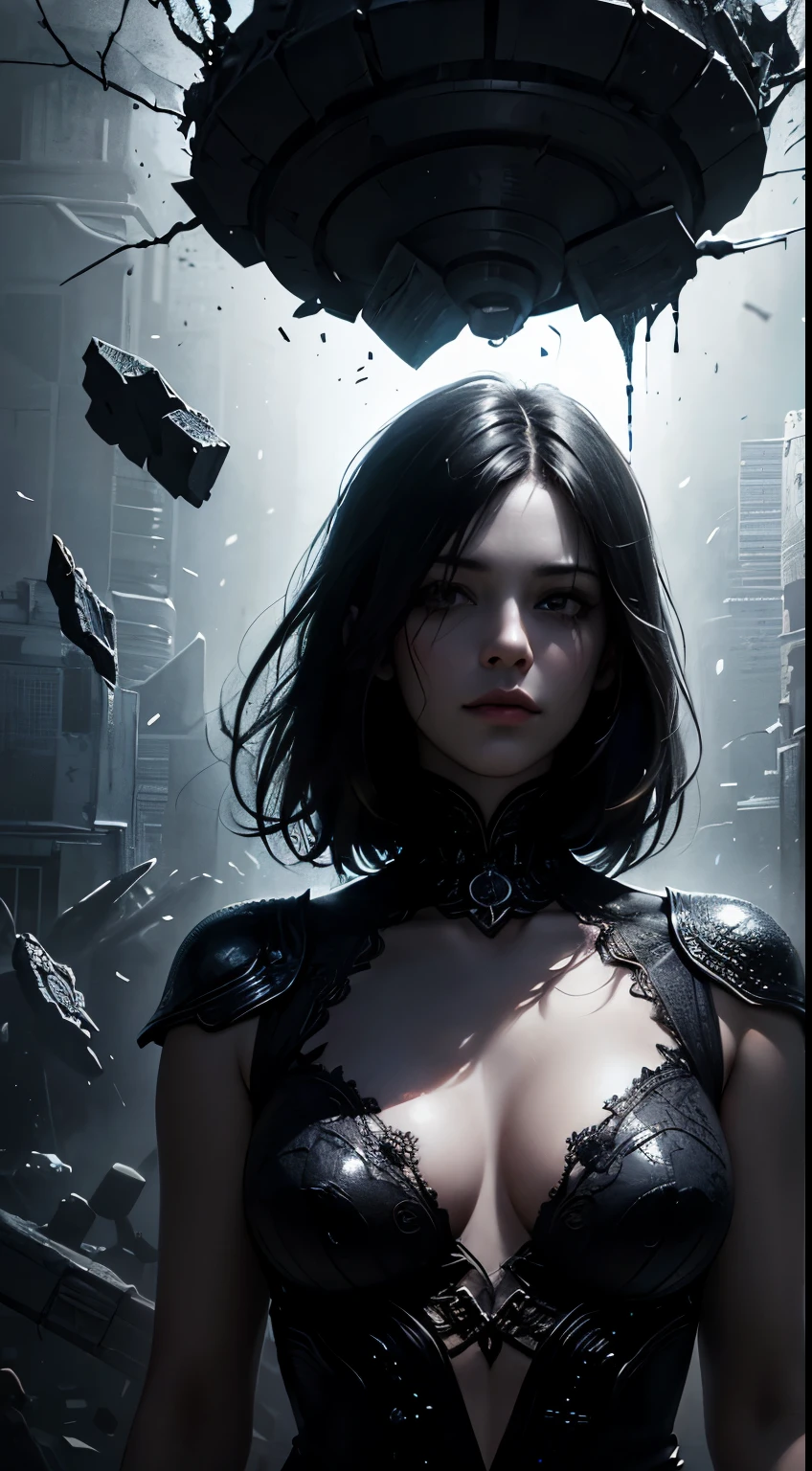 Best quality, Masterpiece, (Realistic:1.2), detailed face, Beautiful eyes, Masterpiece, Best quality, Ultra-high RES, Beautiful, Visually stunning, elegant, incredible details, Award-winning painting, (dark art:1.1), deep shadow, (Dark theme:1.2), r1ge, wicked, luminous, (aura:1.2), energy, flying debris, flying fragments, 1 girl,