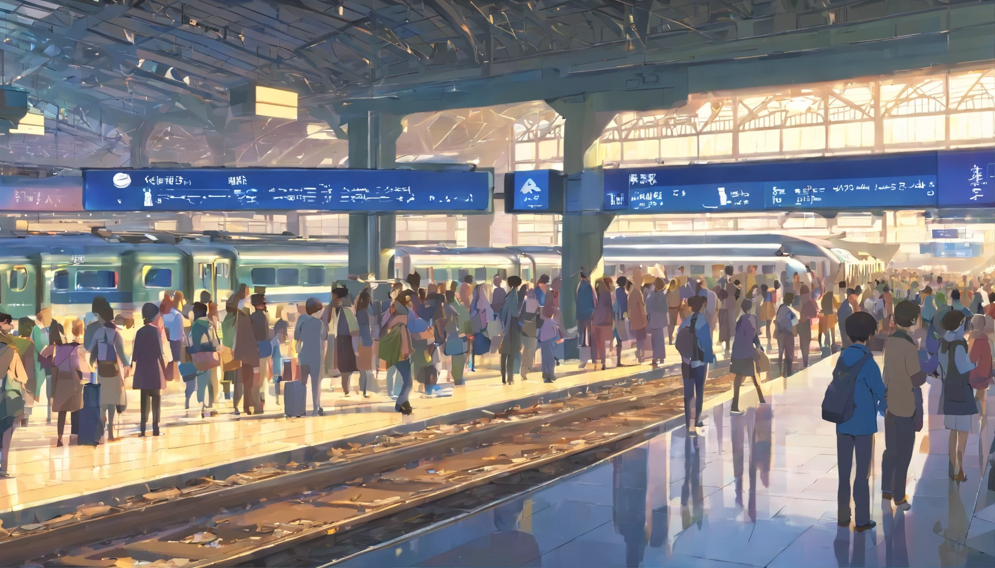 Generate an image of a busy train station during the daytime. Show passengers hurrying to catch trains, while others wait patiently on the platform. Include details like trains arriving and departing, people carrying luggage, and the station's architecture