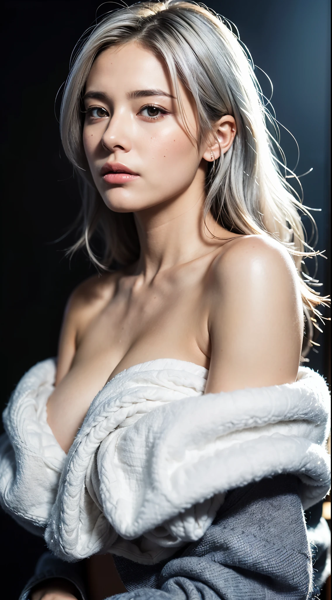 (photo realistic:1.4), (hyper realistic:1.4), (realistic:1.3), (smoother lighting:1.05), (increase cinematic lighting quality:0.9), 32K, 1girl, 19 year old girl, pale skin color,172 cm tall, chest size 34D, ((long silver fluffy hair )),realistic soft lighting, backlighting, light on face, ray trace, (brightening light:1.2), (Increase quality:1.4), (best quality real texture skin:1.4), finely detailed eyes, finely detailed face, finely quality (gray eyes), (tired and sleepy and satisfied:1.0), mean face, face closeup, Chris Foss Fall Off-Shoulder Sweater, (Increase body line mood:1.1), (Increase skin texture beauty:1.1)