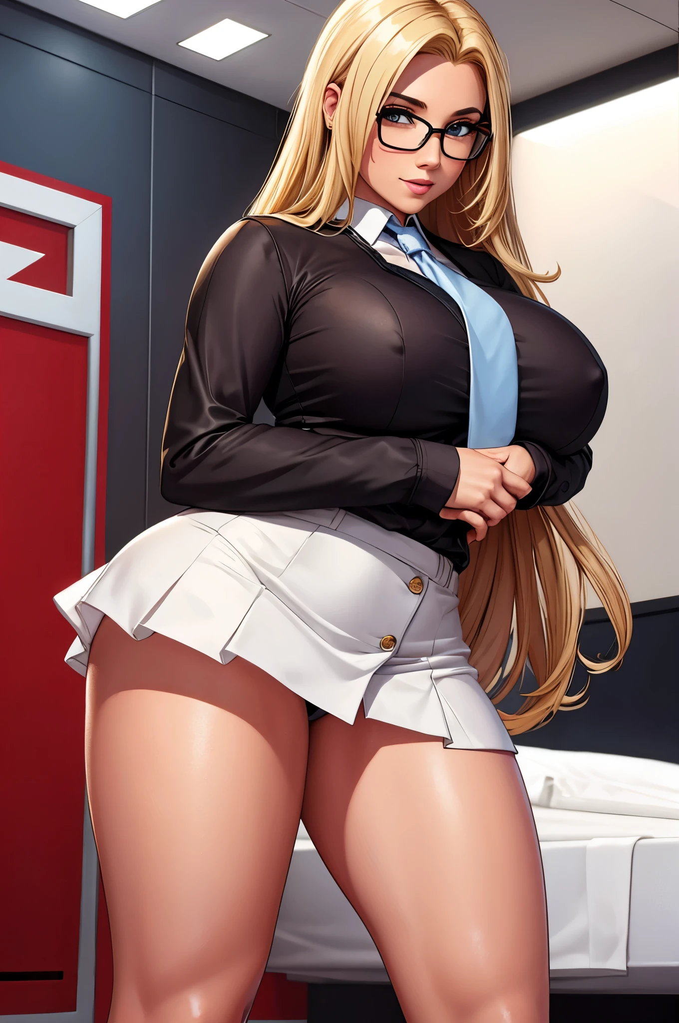 breasts, curvy, blond hair, long hair, glasses, tight clothes, white shirt and tie, panties, red short skirt