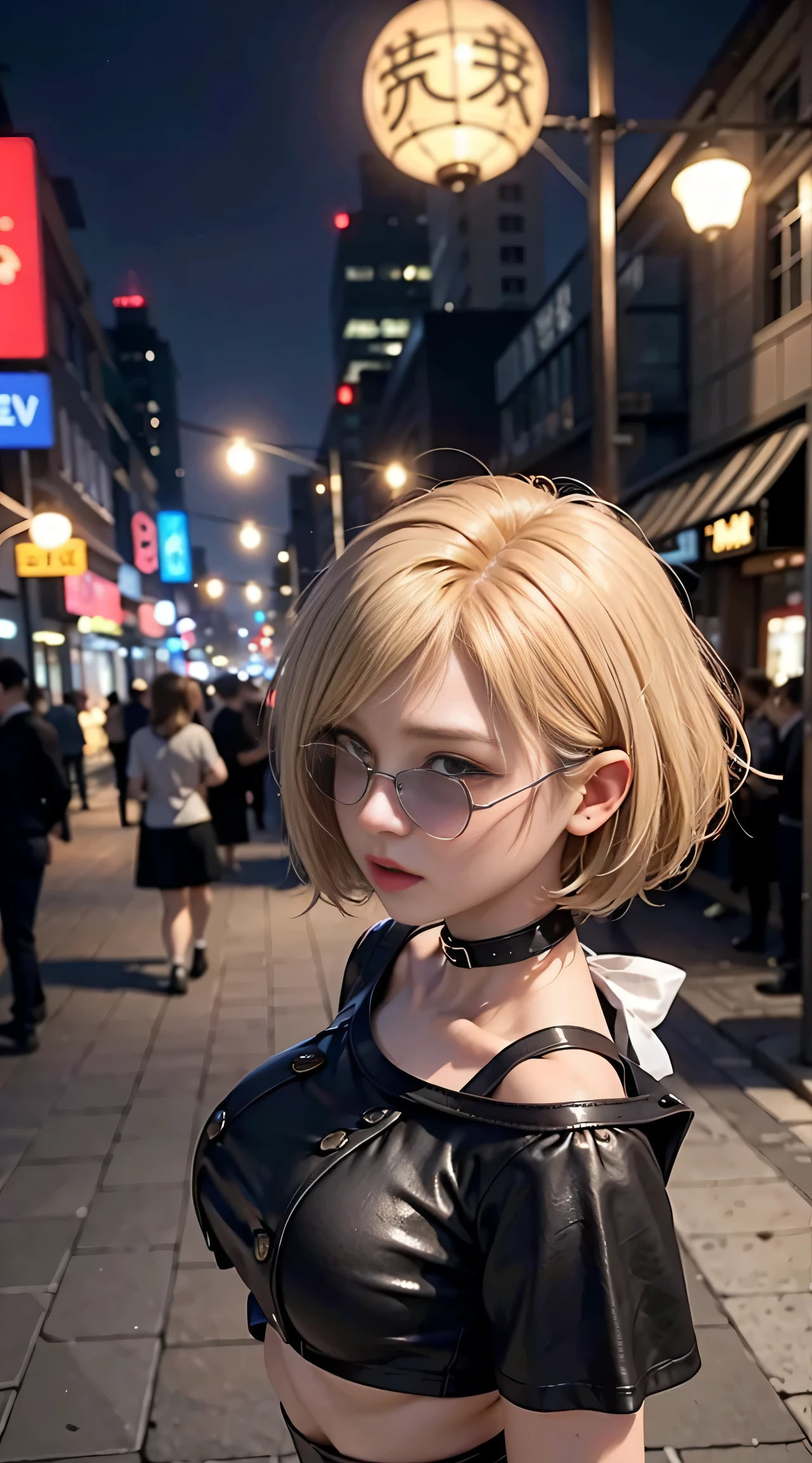 sfw, 4 k、1girl、Beautuful Women、dark、deep-shadows、(short-hair:1.4)、(Short shirts:1.4)、Leather miniskirt、clong legs、small head、small head、Large breasts、shorth hair、((a blond:1.4))、In the hustle and bustle of the night、Bustling stree, wearing bra,((skinny waist)), young asian girl, ((big breasted)),