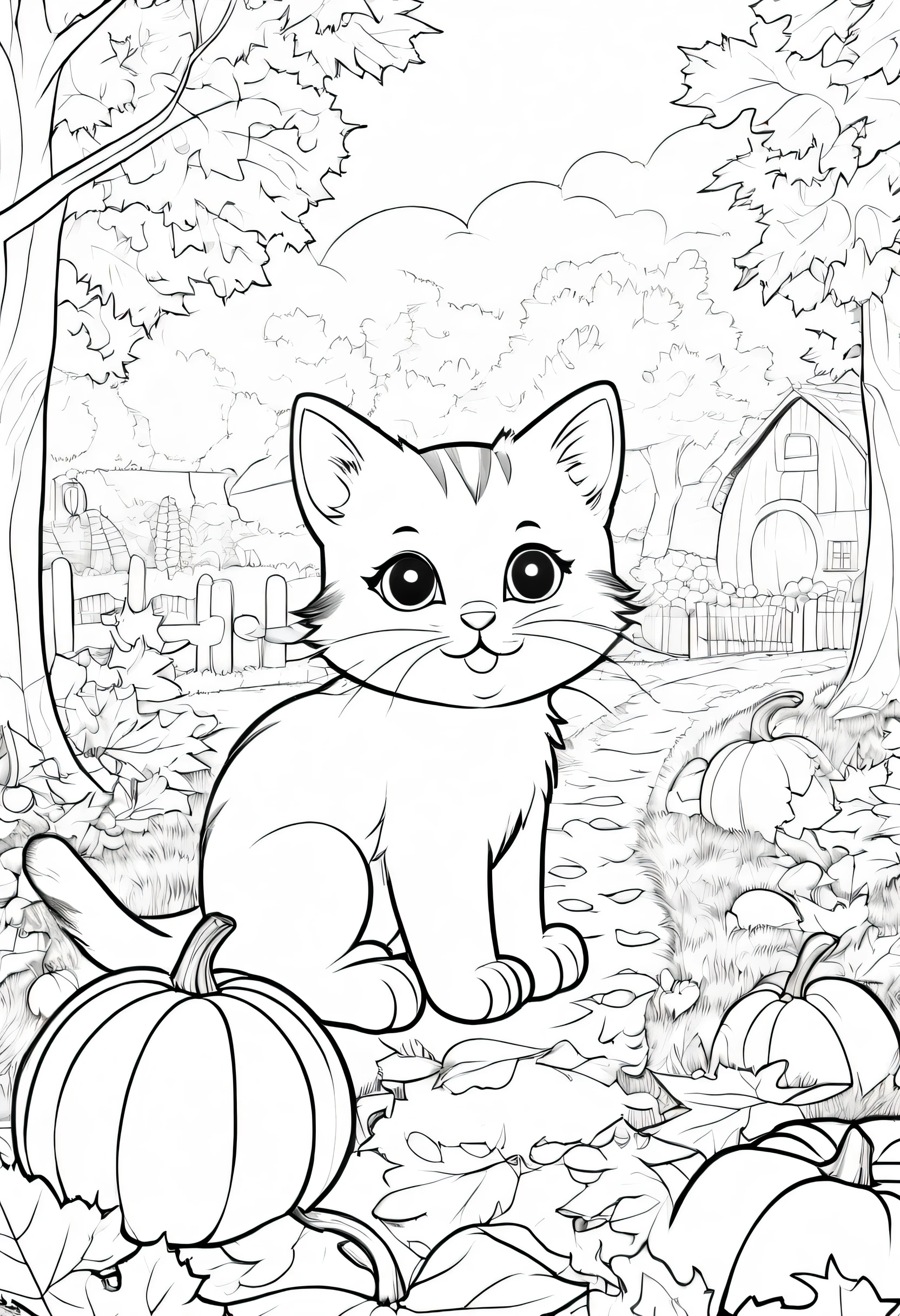 coloring page for kids, A cute kitten exploring a cozy autumn scene, surrounded by falling leaves, acorns, and a pumpkin patch., thick lines, low detail, no shading, 