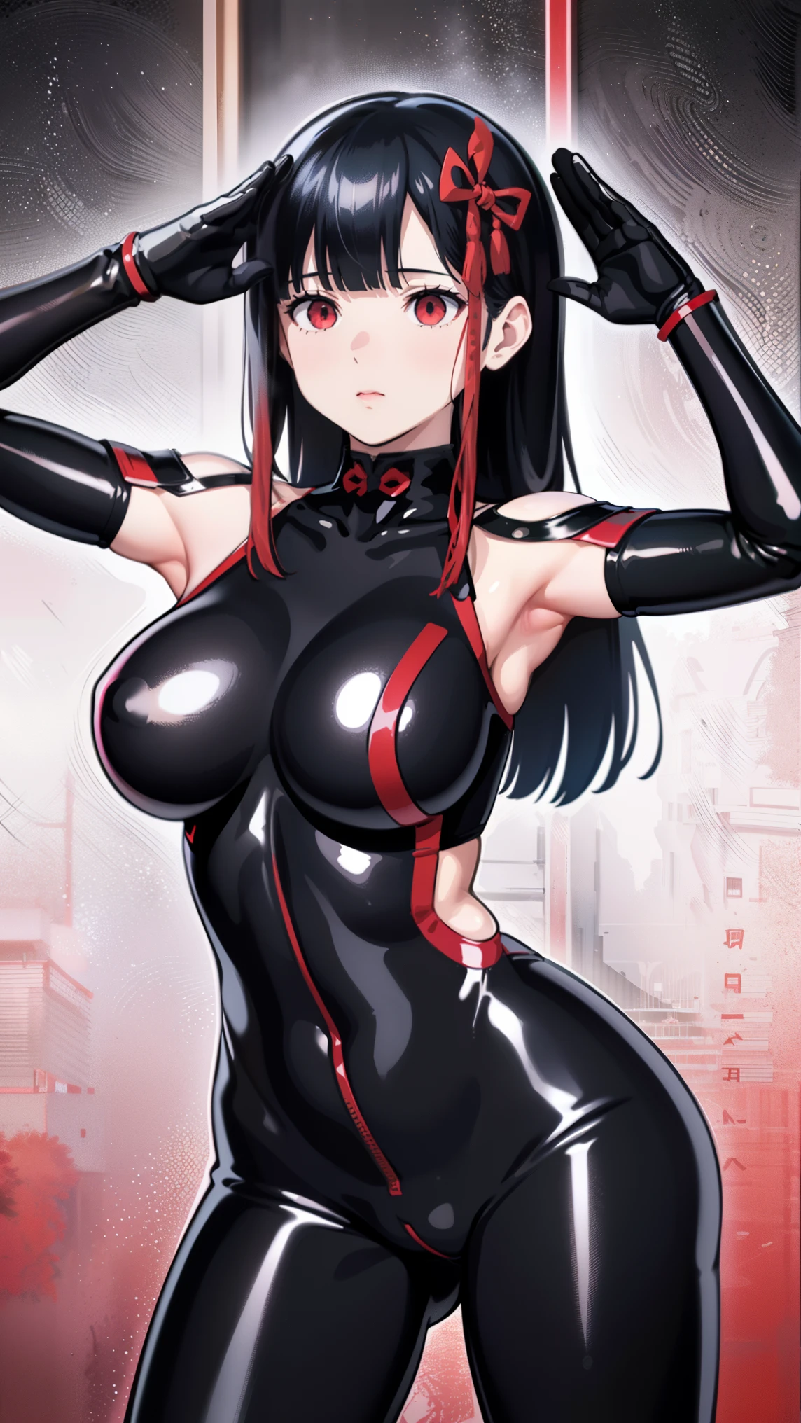 1 girl, NSFW, Yamashiroren,(Mato Seihei no Slave), yamashiro768, clavicle, glowing red eyes,absurd, brainwashing,empty eyes,  huge breasts,erasure of emotions, No expression,(black latex tight bodysuit),look away , 全身figure, ((stand up,salute,)),(highest quality、4k、8k、High resolution、must have:1.2)、Super detailed、(reality、realisticです、realistic:1.37)、ticker、hyper hd、studio lighting、ultra definition paint、sharp focus、Physically based rendering、extreme details、Professional specifications、vibrancy and color、blurry、sports portrait、landscape、horror style、anime big breasts、SF、photograph、concept artist、five fingers, perfect body,  {{{masterpiece}}}, {{{highest quality}}}, {{super detailed}}, {figure}, {{very delicate and beautiful}},Promoting cost performance、all roles、Canon 5D MK4でphotograph、photograph, 