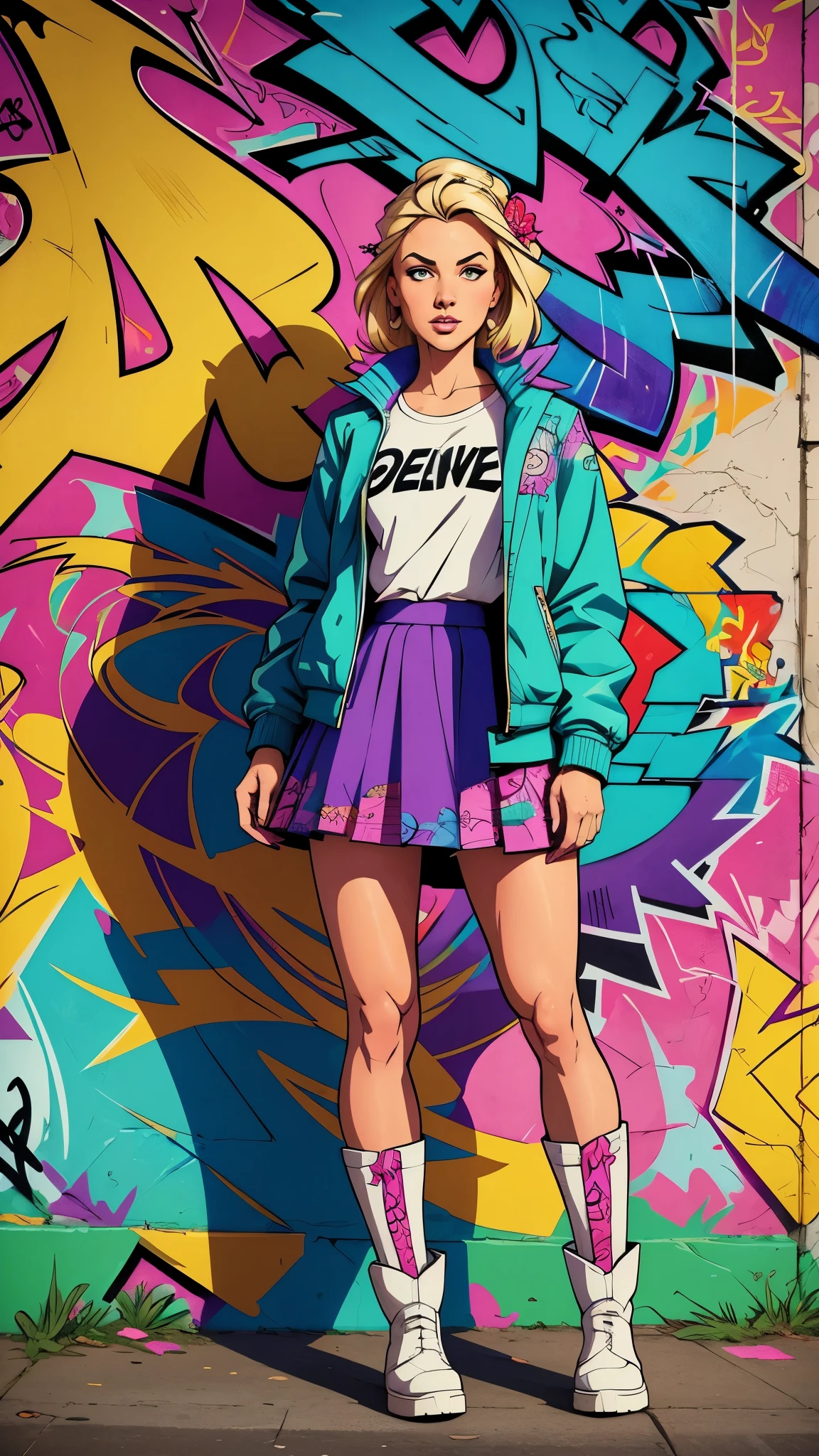 masterpiece,a blond standing,centered,boot,skirt,jacket,hair clip,perfect ,flower,(graffiti comic style),street graffiti background,cel shading,(gorgeous color grading),intricate,ultra-detailed,divine proportion