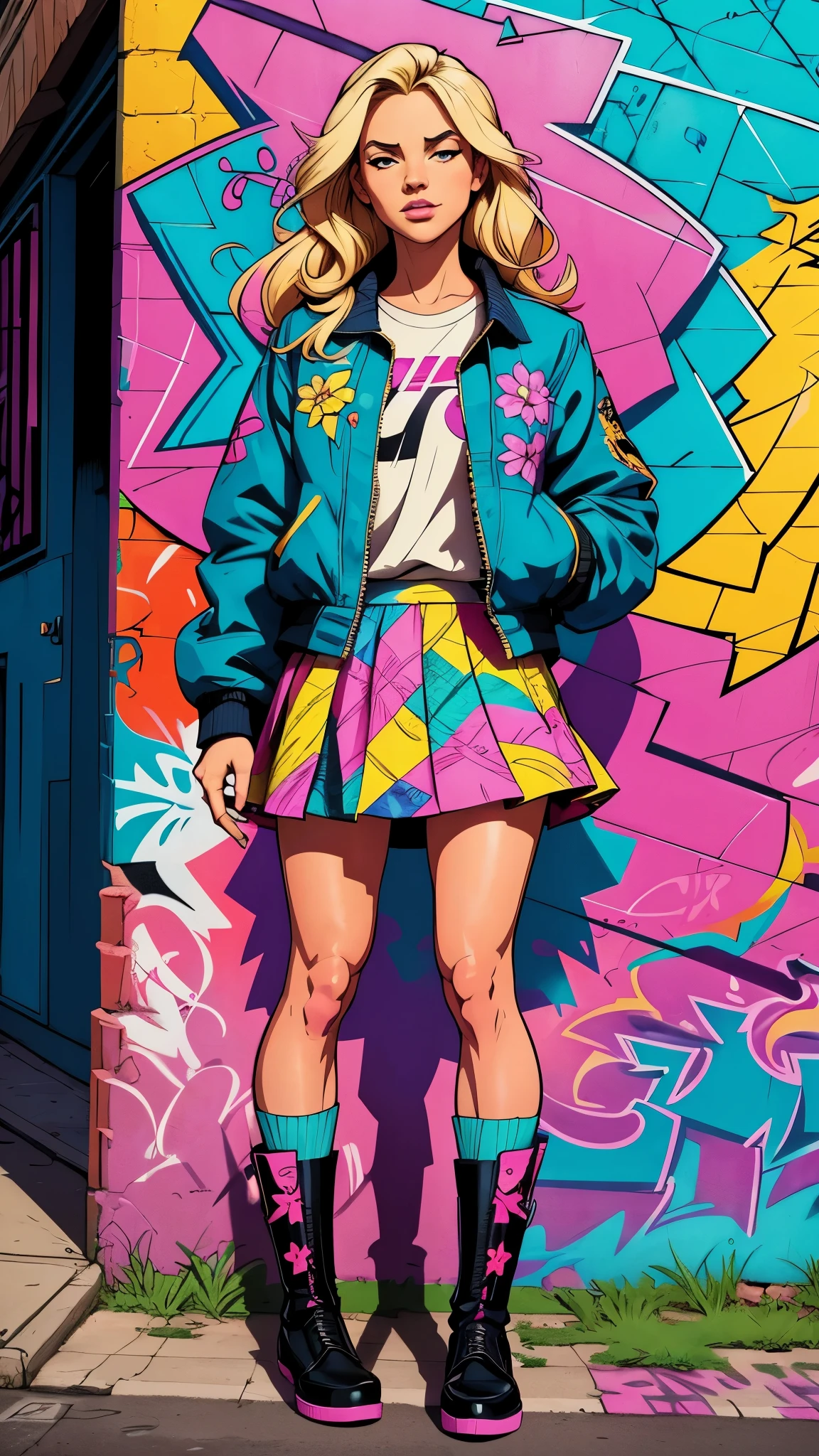 masterpiece,a blond standing,centered,boot,skirt,jacket,hair clip,perfect ,flower,(graffiti comic style),street graffiti background,cel shading,(gorgeous color grading),intricate,ultra-detailed,divine proportion