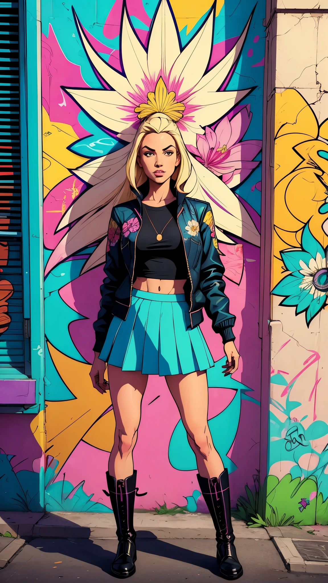 masterpiece,a blond standing,centered,boot,skirt,jacket,hair clip,perfect ,flower,(graffiti comic style),street graffiti background,cel shading,(gorgeous color grading),intricate,ultra-detailed,divine proportion
