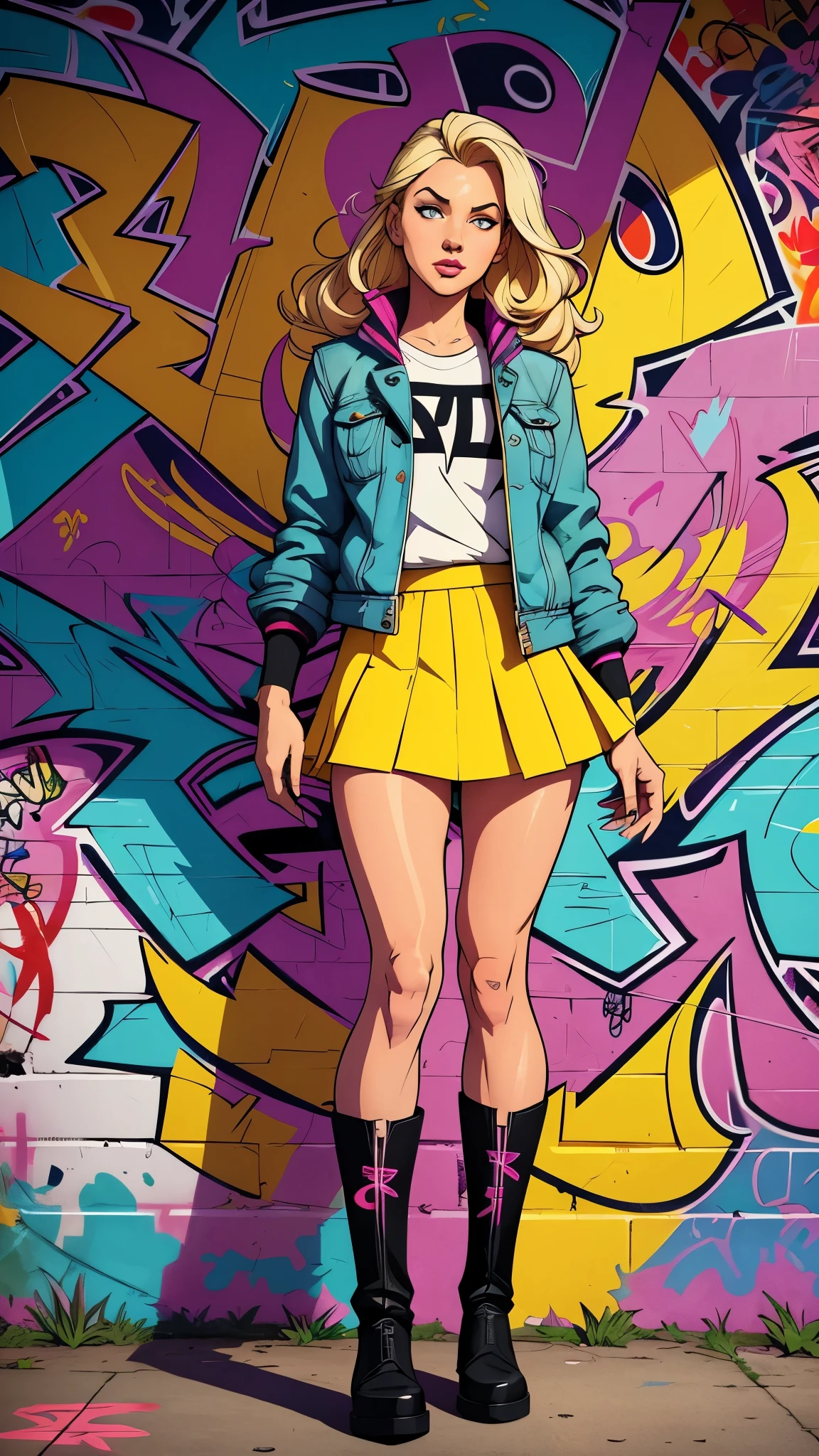 masterpiece,a blond standing,centered,boot,skirt,jacket,hair clip,perfect ,flower,(graffiti comic style),street graffiti background,cel shading,(gorgeous color grading),intricate,ultra-detailed,divine proportion