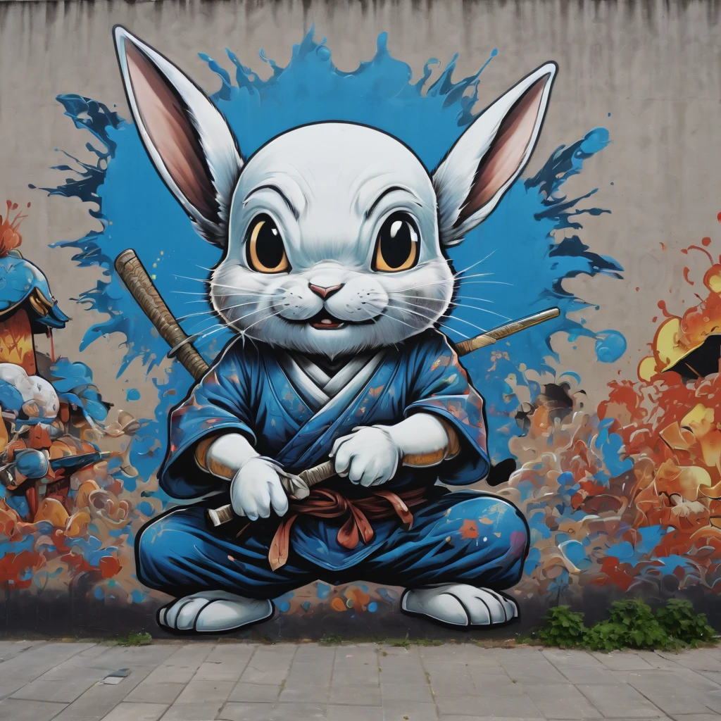 (masterpiece, best quality), magical Usagi Yojimbo Graffiti Comics on wall, ultra detail Graffiti background, wide shot, magical details, aerial view,