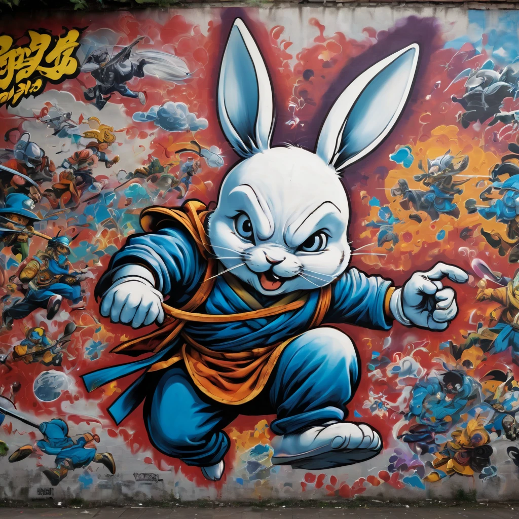 (masterpiece, best quality), magical Usagi Yojimbo Graffiti Comics on wall, ultra detail Graffiti background, wide shot, magical details, aerial view,
