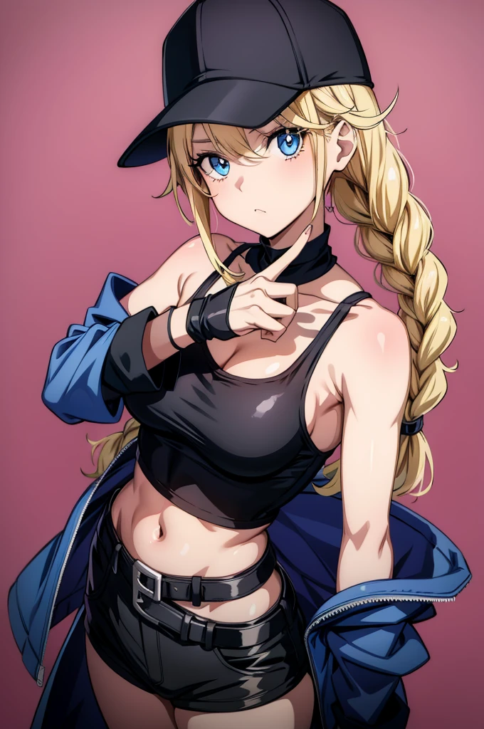 the anime art of a woman in a black top hat with blue eyes and blue hair, 1girl, solo, blue eyes, hat, navel, twin braids, long hair, braid, gloves, jacket, pink background, blonde hair, black gloves, off shoulder, looking at viewer, breasts, bare shoulders, belt, midriff, crop top, black headwear, sleeveless, shirt, baseball cap, black shirt, open clothes, fingerless gloves, sleeveless shirt, :<, simple background