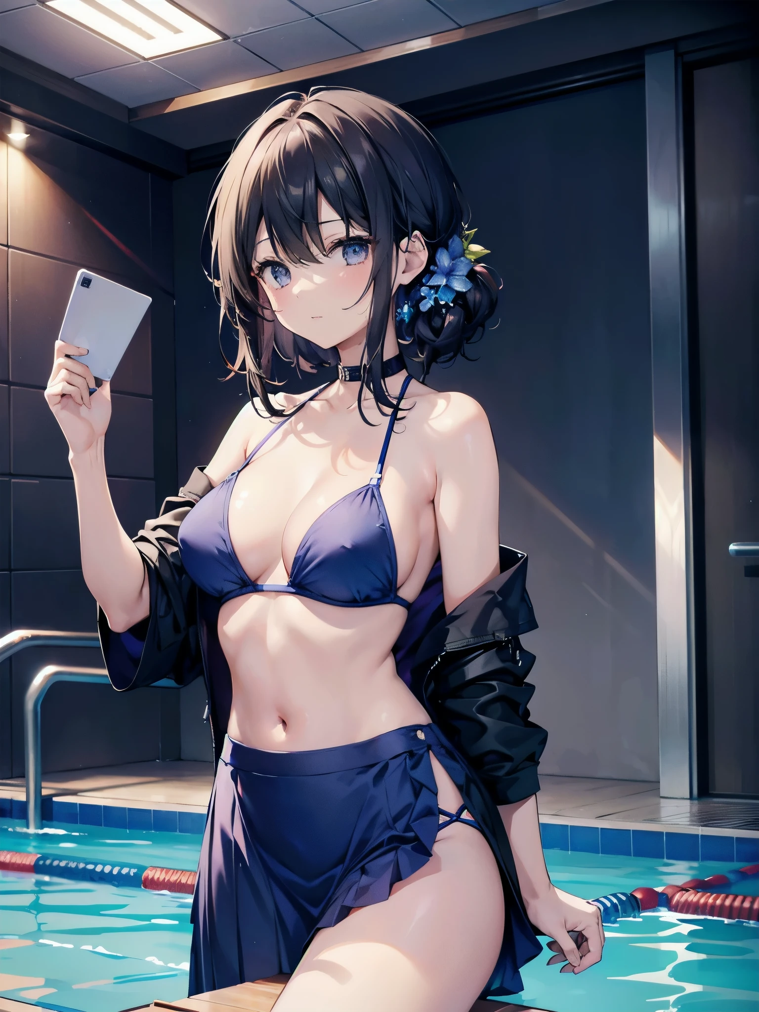 A 27-year-old female office worker enjoys her day off at the indoor pool.、dark brownの髪色でロングボブヘアーです、A bikini that combines an indigo cloth that covers from 4 cm below the right collarbone to the bottom of the left nipple, and an indigo cloth that covers from 4 cm below the left collarbone to the bottom of the right nipple.、blue bikini pants、I am wearing a transparent pareo skirt.、The ceiling and walls are made of glass、You can see the night sky outside the glass、