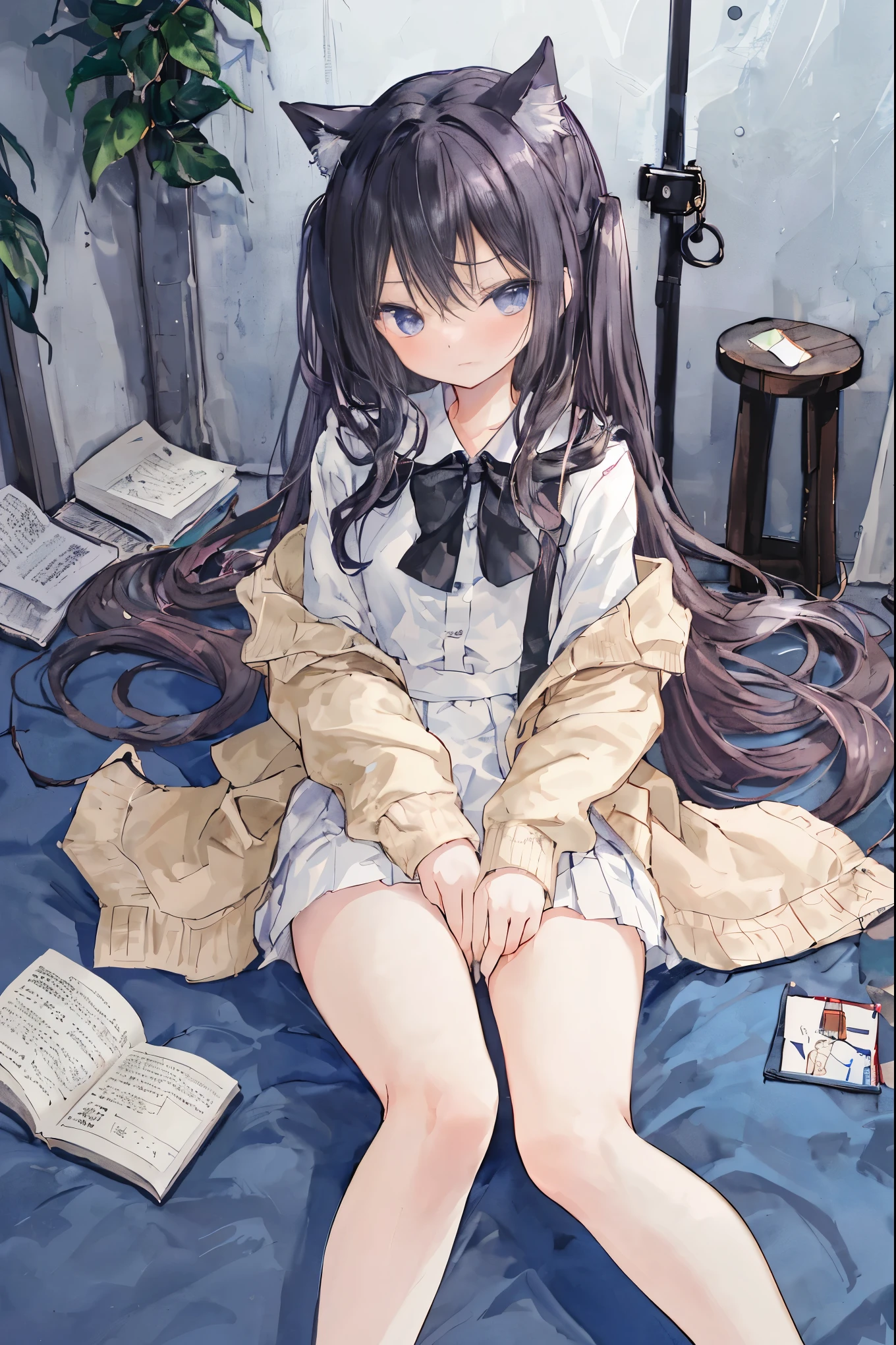 Toru Asakura, Toru Asakura, masterpiece、Highest品質、Highest、ultra high resolution、full body portrait、intricate details、Super delicate illustration、perfect anatomy、correct anatomy、perfect proportions、perfect face、hand２Book、完璧なhand、The legs are included２Book、perfect feet、perfect fingers、small toes、Accurate size and balance of upper and lower body、、 Mature body type、long hair high school girl、1 girl、whole body from head to toe、Full body Esbian、small breasts、small toes、small toes、thin legs、Please sleep on your back、M字spread your legs、spread your legs、spread your legs、between strands、facing the front、Composition from below、Composition from the front、panty shot、sit on the inside of the thigh、Sit on the floor with your knees bent and legs apart、positive、下半身はpositiveに、thin legs、thin thighs、slim toes、白いベッドにfacing the front横たわる、thin legs、legs slightly open、大きなhand紙の中で眠っている、spread your legs、hand slightly raised、brown haired、medium hair、medium hairカット、That kind of panting face&#39;Looks like I&#39;m going to cry、blush、embarrassed look、looks a little sad、black_Wearing white panties inside stockings、blackの透明Wearing white panties inside stockings、blackいWearing white panties inside stockings、blackのパンストの中に白いパンティーを履いている、blackいレースのパンストの中に白いパンティーを履いている、Wearing white panties inside stockings with black lenses、Wearing black light pantyhose and white panties、blackの透けパンストと白のパンティを着用、i don&#39;t&#39;don&#39;t have shoes、i don&#39;t&#39;don&#39;t have shoes on、blackストッキングの下は純白,_panties on、Pants can be seen through the navy pleated skirt、pure white bra、underwear、Half-open beige blazer uniform、White blouse uniform open、日Bookの高校生、Bedroom、in house、daytime、（）、((Full body Esbian))、masterpiece、（Highest品質)