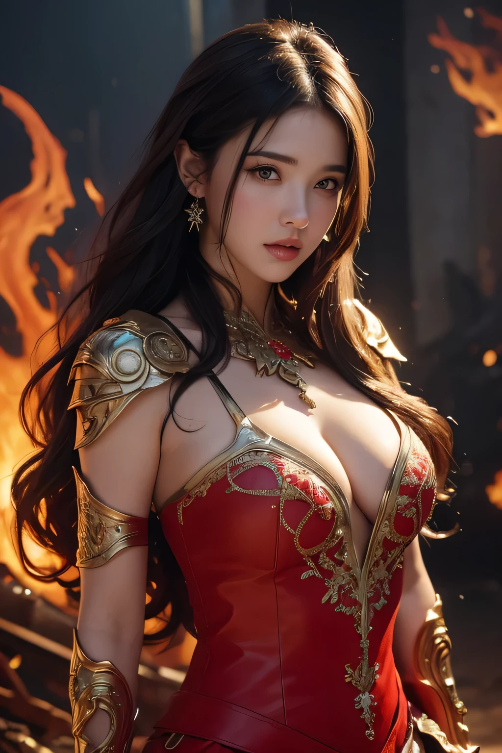 {{master piece}}, pinnacle rendering, realistic rendering, dark red rendering, metal rendering, {{color ink painting}}}, {{splash ink}}}, {{color}}, {{color}}, gorgeous rendering, best quality, illustration, flame, smoke, doomsday world, splash ink fire sea doomsday, full body, 1 girl, facial mix of phoebe cates, large breast, deep cleavage, exquisite facial details, delicate facial features, real face, beautiful details eyes, deep pupils, broken city details, beautiful details long hair, wavy hair, broken detail street, transparent mechanical core, cyborg girl, detail, cool, tight grooming, lace finishing, linear light costume retouching, light rendering, reflection, highlight, holy light, confidence, charm, battle stance detail close-up, fire day, {filigree}, colored background, a dragon stands behind the girl, sea of fire, {tornado special effects}, beautiful details red dragon armor, (cold face, confident) great depth, depth of field, 360° panoramic picture, fierce and magnificent battle scenes, broken mirrors, fingers all hidden and not displayed, small mouth closed, sitting