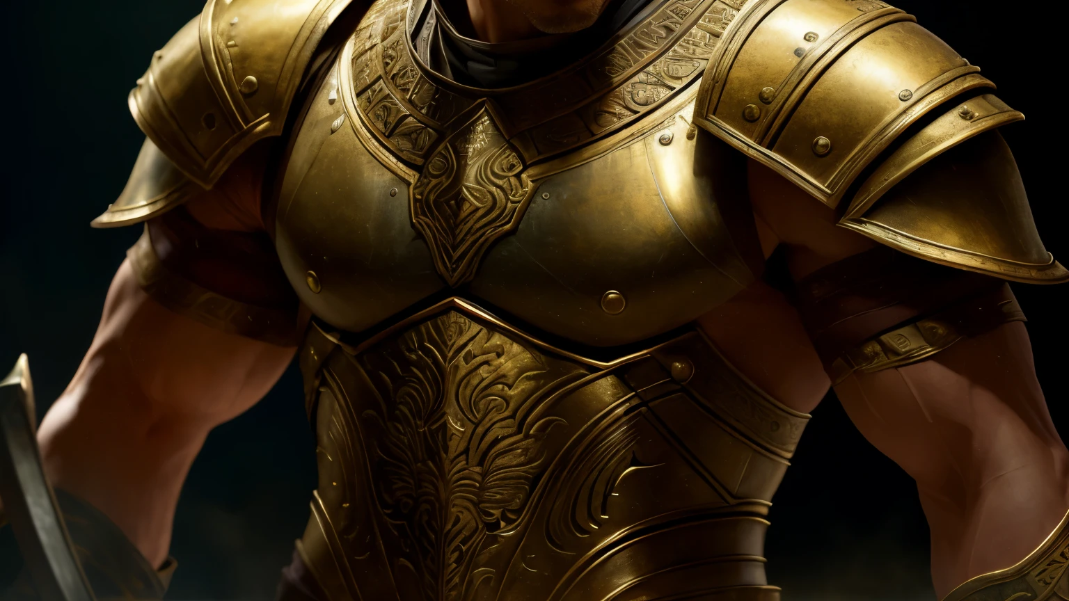 is captured in the details of their attire, as their armor gleams with cinematic lighting and highlights their noble lineage. The artist's meticulous attention to detail brings the warrior to life, showcasing every muscle and sinew, creating a hyper-realistic masterpiece. The ancient Greek influence is evident in the warrior's stoic expression and the intricate carvings on their armor, reminiscent of the style of Giovanni Strazza.

The background, a neutral setting, allows the hero to take center stage, commanding attention with their presence. Moody and atmospheric, the scene is bathed in a soft, ethereal glow, adding an air of mystery and intrigue. The use of bokesharp depth of focus creates a mesmerizing effect, blurring the edges and