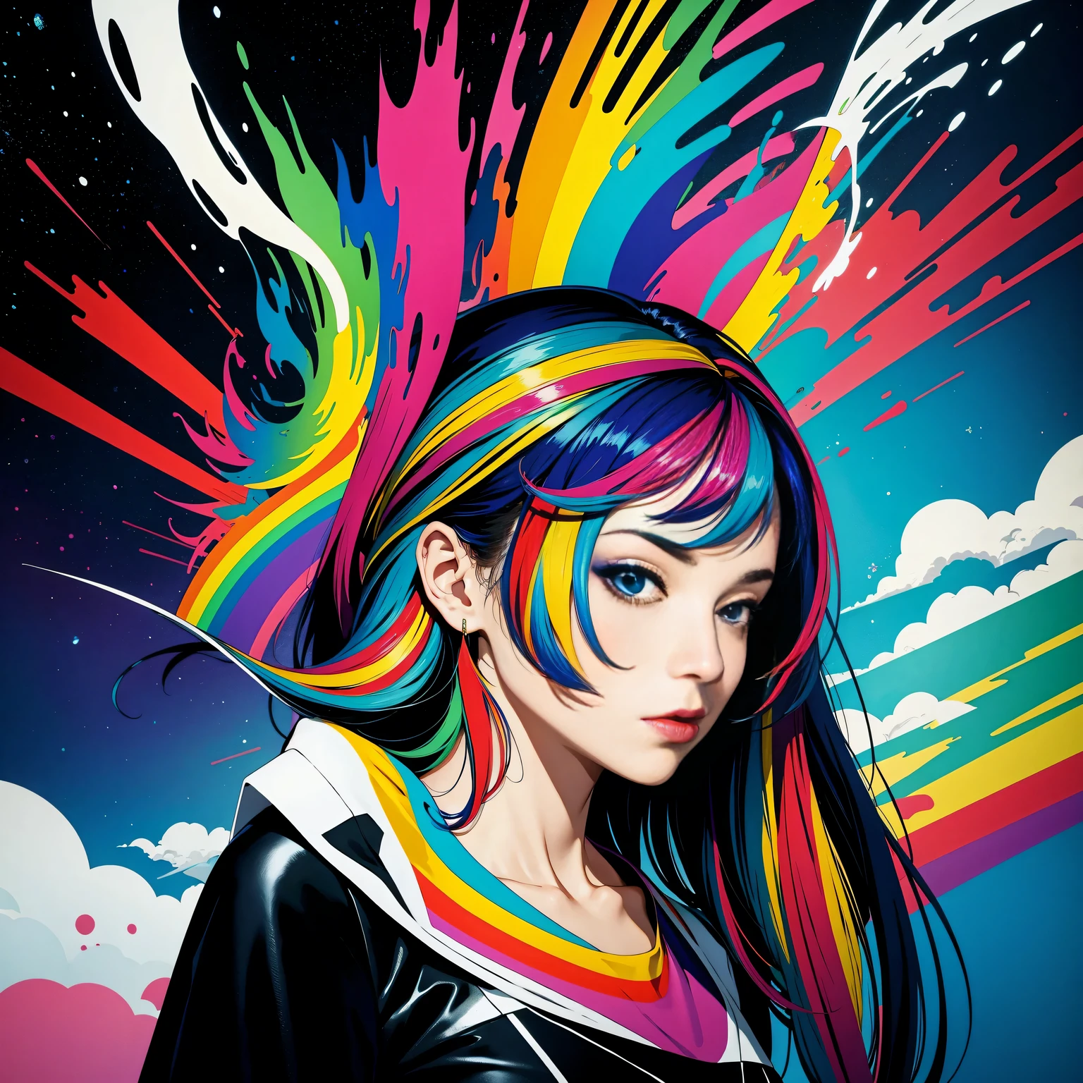 (masterpiece, best quality:1.2), Graffiti漫画，Graffiti, wall, whole picture, High resolution and high contrast,simple,knight，alone，Abstract surreal colors, popular geometric surrealism, rainbow colored dreams