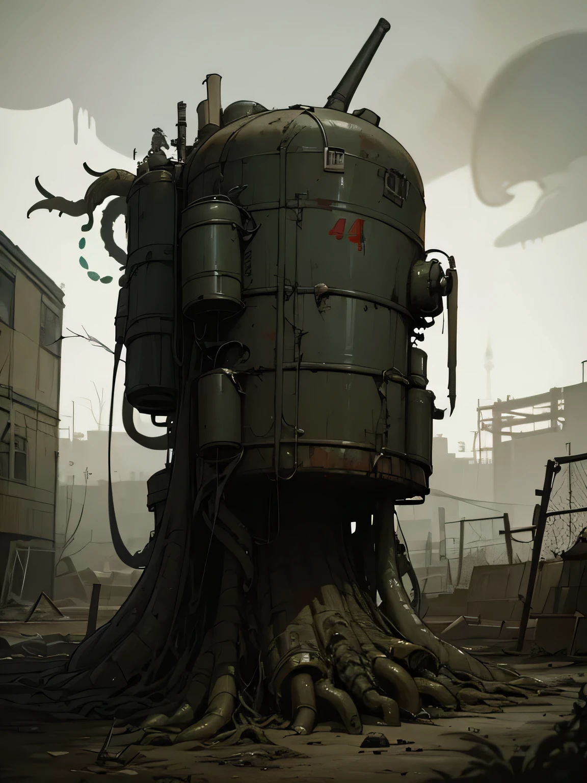 (((Fallout 4 game style))), ((Biopunk art of dark tentacles)), old brewery building, Biopunk girl, backpack, homemade pistol, hopeless art, dystopian art, ((dark biopunk)), dark oily liquids, A ruined environment, gloomy foggy landscapes, highly detailed art, very detailed background