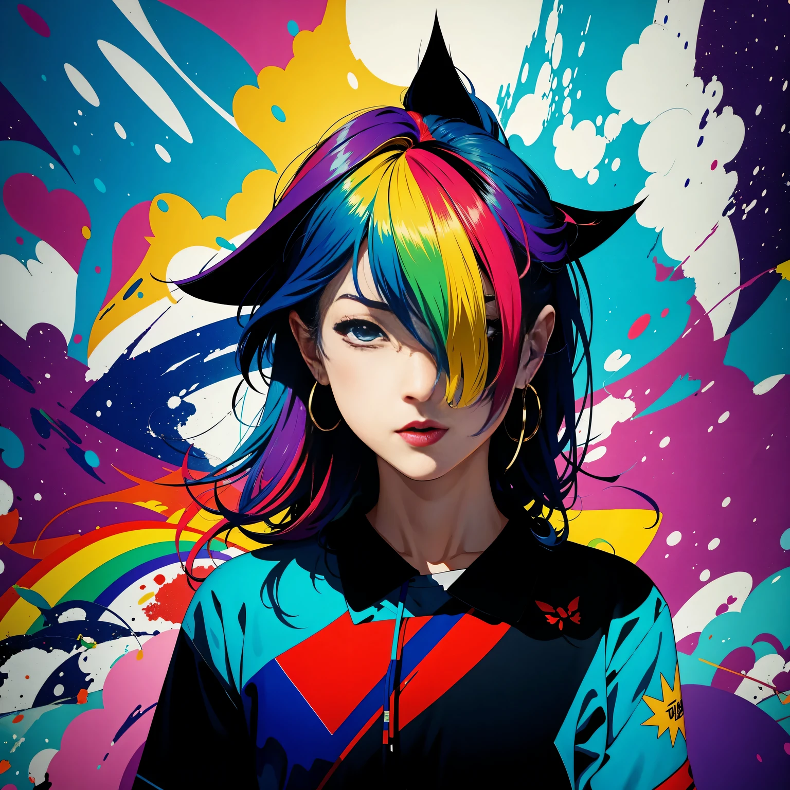 (masterpiece, best quality:1.2), Graffiti漫画,Graffiti, wall, whole picture, High resolution and high contrast,simple,knight,alone,Abstract surreal colors, popular geometric surrealism, rainbow colored dreams