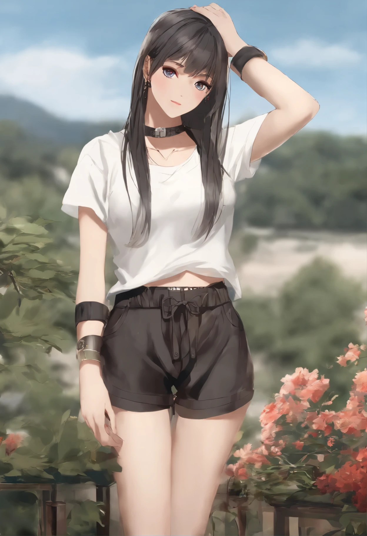 ((((Obra maestra, La mejor calidad, ultra high resolution)))), 1 girl, standing, (baggy blue t-shirt, White shorts, loose black neck band, leather bracelets on hands), long haircut, pale skin, ((Black eyes)), (сверхdetailed eyes: 0,7, Beautiful and detailed face, detailed eyes: 0,9), ((in the center)), smile, (( wide shot)), facing the viewer, (((Summer, sunlight))), flat-chested, ((looks at the viewer)), ((perfect hands)), ((head: 1, hips, elbows, forearms in sight)), ((hands behind your back)), Beautiful lighting, clearly defined object, 16 years, ((Cool look)), ((above, wide shot)), ((frame from anime "Naruto"))