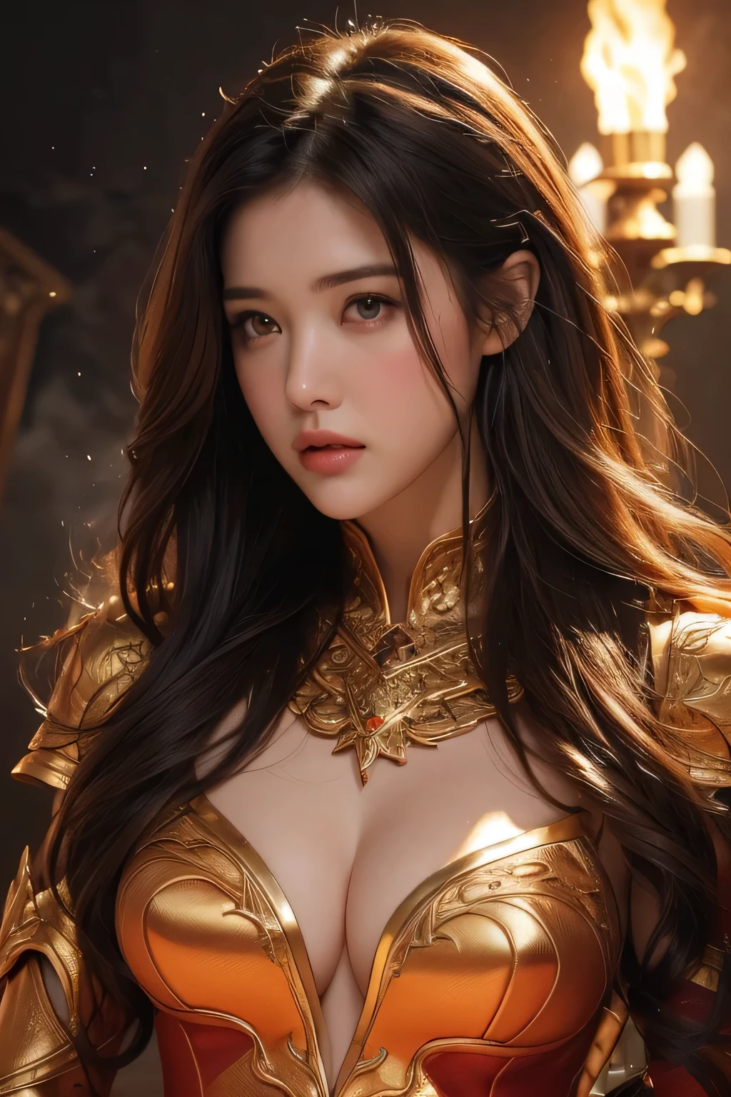 {{master piece}}, pinnacle rendering, realistic rendering, dark red rendering, metal rendering, {{color ink painting}}}, {{splash ink}}}, {{color}}, {{color}}, gorgeous rendering, best quality, illustration, flame, smoke, doomsday world, splash ink fire sea doomsday, full body, 1 girl, facial mix of phoebe cates, large breast, deep cleavage, exquisite facial details, delicate facial features, real face, beautiful details eyes, deep pupils, broken city details, beautiful details long hair, wavy hair, broken detail street, transparent mechanical core, cyborg girl, detail, cool, tight grooming, lace finishing, linear light costume retouching, light rendering, reflection, highlight, holy light, confidence, charm, battle stance detail close-up, fire day, {filigree}, colored background, a dragon stands behind the girl, sea of fire, {tornado special effects}, beautiful details red dragon armor, (cold face, confident) great depth, depth of field, 360° panoramic picture, fierce and magnificent battle scenes, broken mirrors, fingers all hidden and not displayed, small mouth closed, sitting