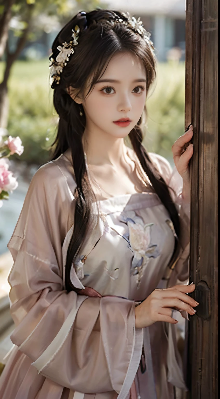 1 girl，Beautiful and moving， floral pattern， glowing skin， charming gaze， Decorative clothing， natural lighting， shallow view deep， romantic environment， dreamy pastel color palette， Whimsical details， Capture on film，(8k, original photo:1.2), best quality, ultra high resolution，CG unity 8k壁纸，masterpiece，best quality，Super detailed