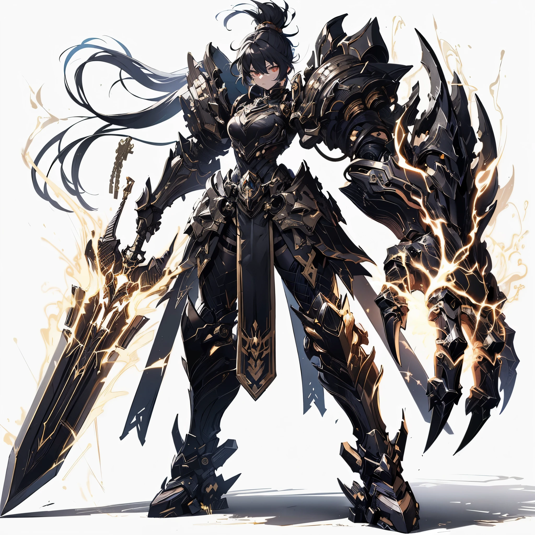 Masterpiece, best quality, ultra-detailed, anime style, solo, full body of cyberpunk knight girl, blackened burnished power armor with gold trim, black one top knot hairstyle, left hand held huge sword and light hand as GIANT HUGE claw, wearing raised boots, supernatural Lightning and flame, 8k high resolution, trending art station, white background, whole body,