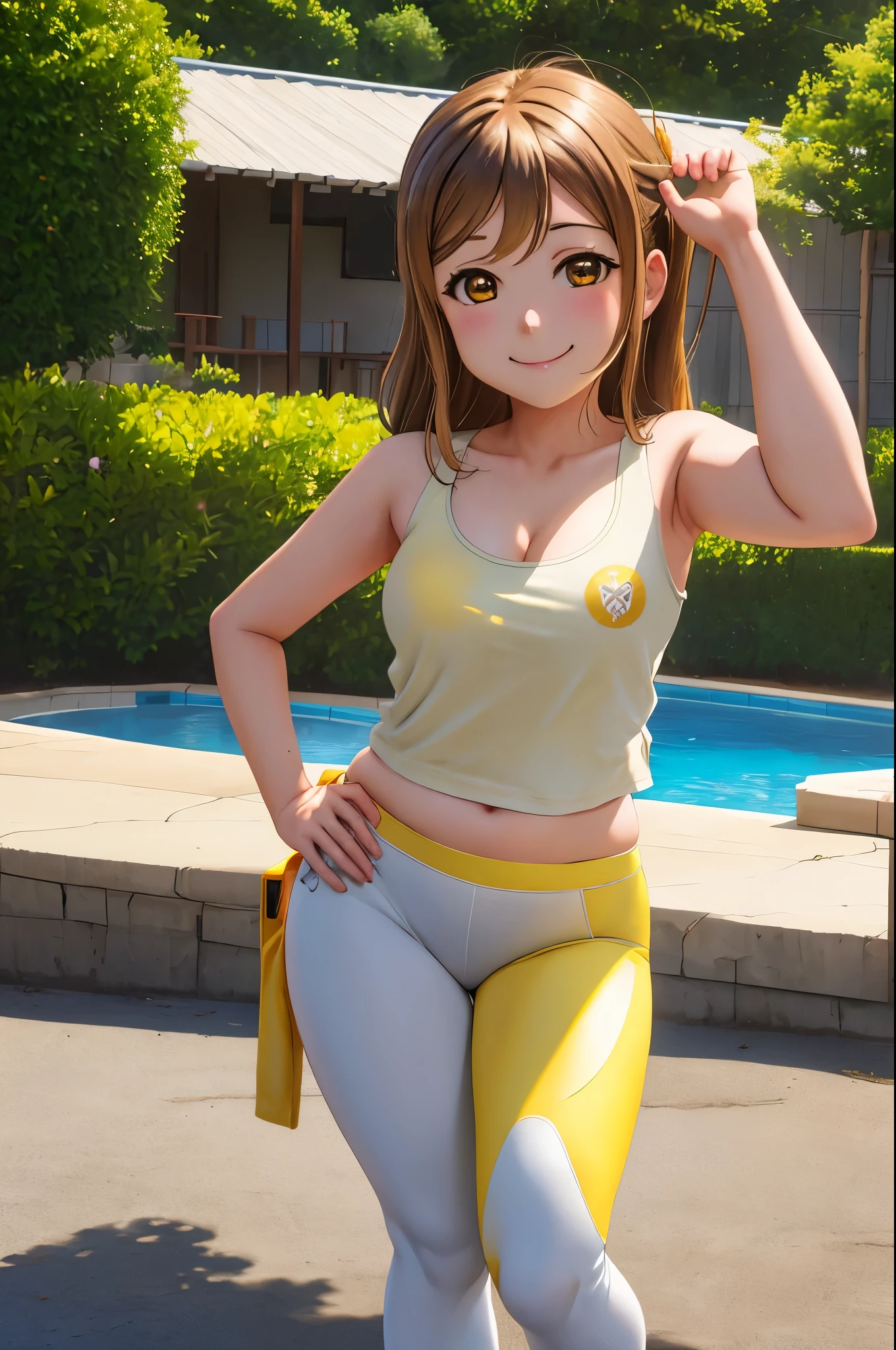 masterpiece, best quality, solo, cowboy shot,kunikida hanamaru, no bra ,(chibi), curvy body, white tank top, yellow yoga pants , outdoor, standing,hand on hip, closed mouth, smile 