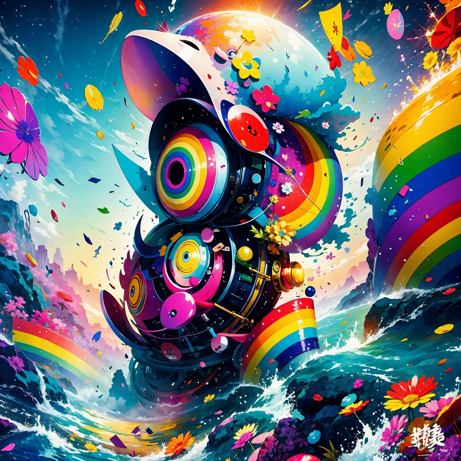 (masterpiece, best quality:1.2), Graffiti漫画，Graffiti, wall, whole picture, High resolution and high contrast,simple,knight，alone，Abstract surreal colors, popular geometric surrealism, rainbow colored dreams