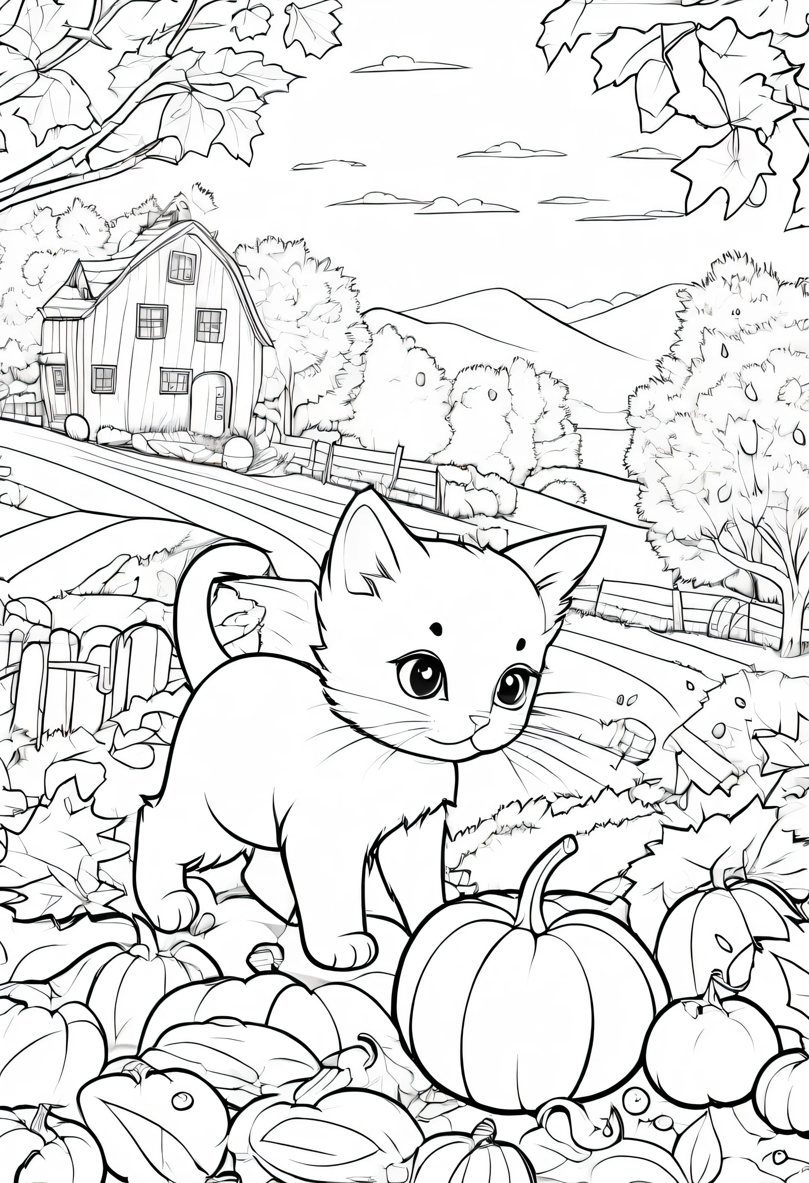coloring page for kids, A cute kitten exploring a cozy autumn scene, surrounded by falling leaves, acorns, and a pumpkin patch., thick lines, low detail, no shading,