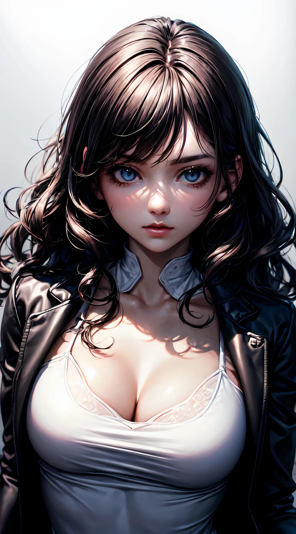 (best quality:1.5, highres, UHD, 4K, detailed lighting, shaders), black wavy hair, large breasts , woman jacket, long coat, (pov), full ody, white background